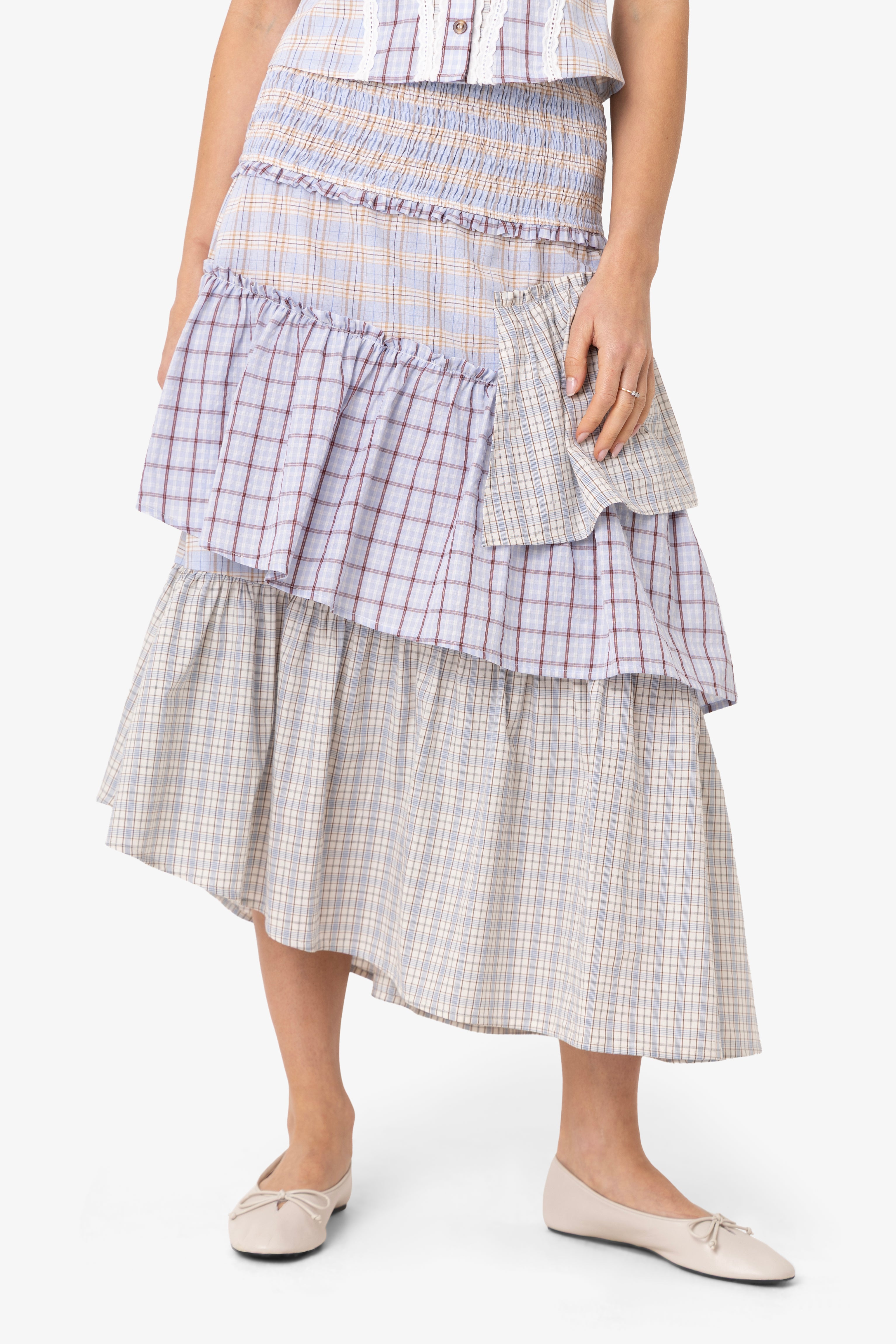 Thea Multi Check Cotton Smocked Tiered Skirt