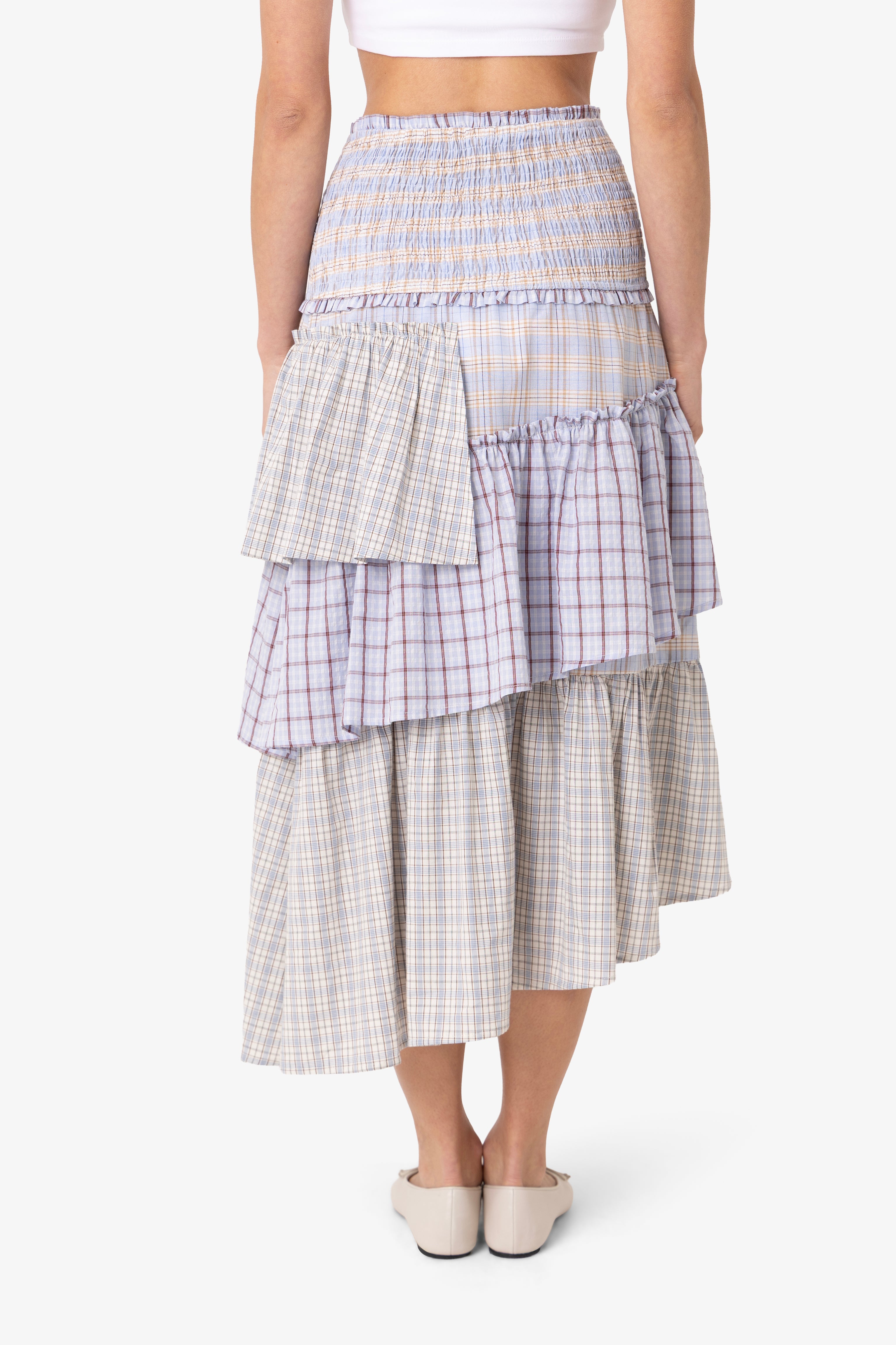 Thea Multi Check Cotton Smocked Tiered Skirt