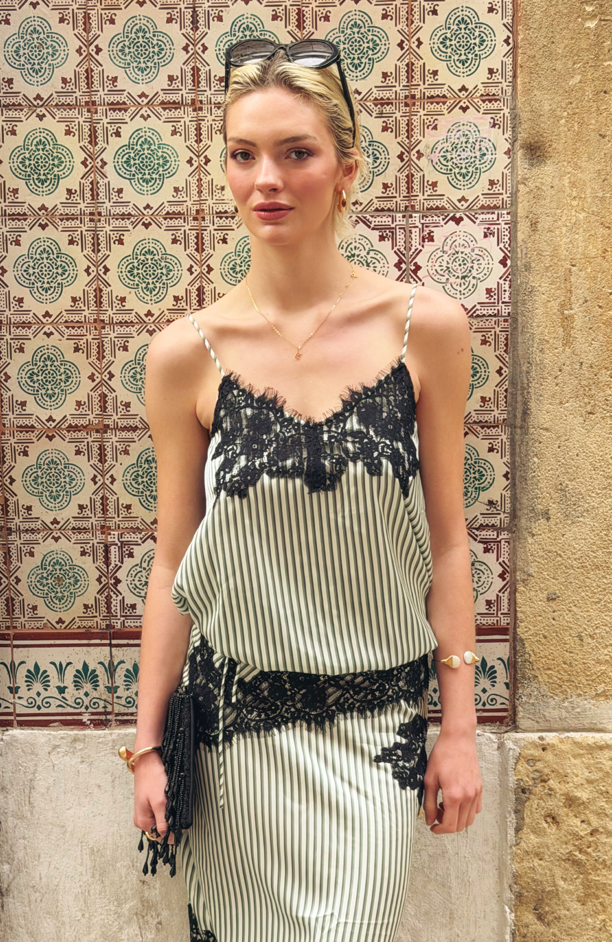 Sienna Green Stripe Satin Lace Top