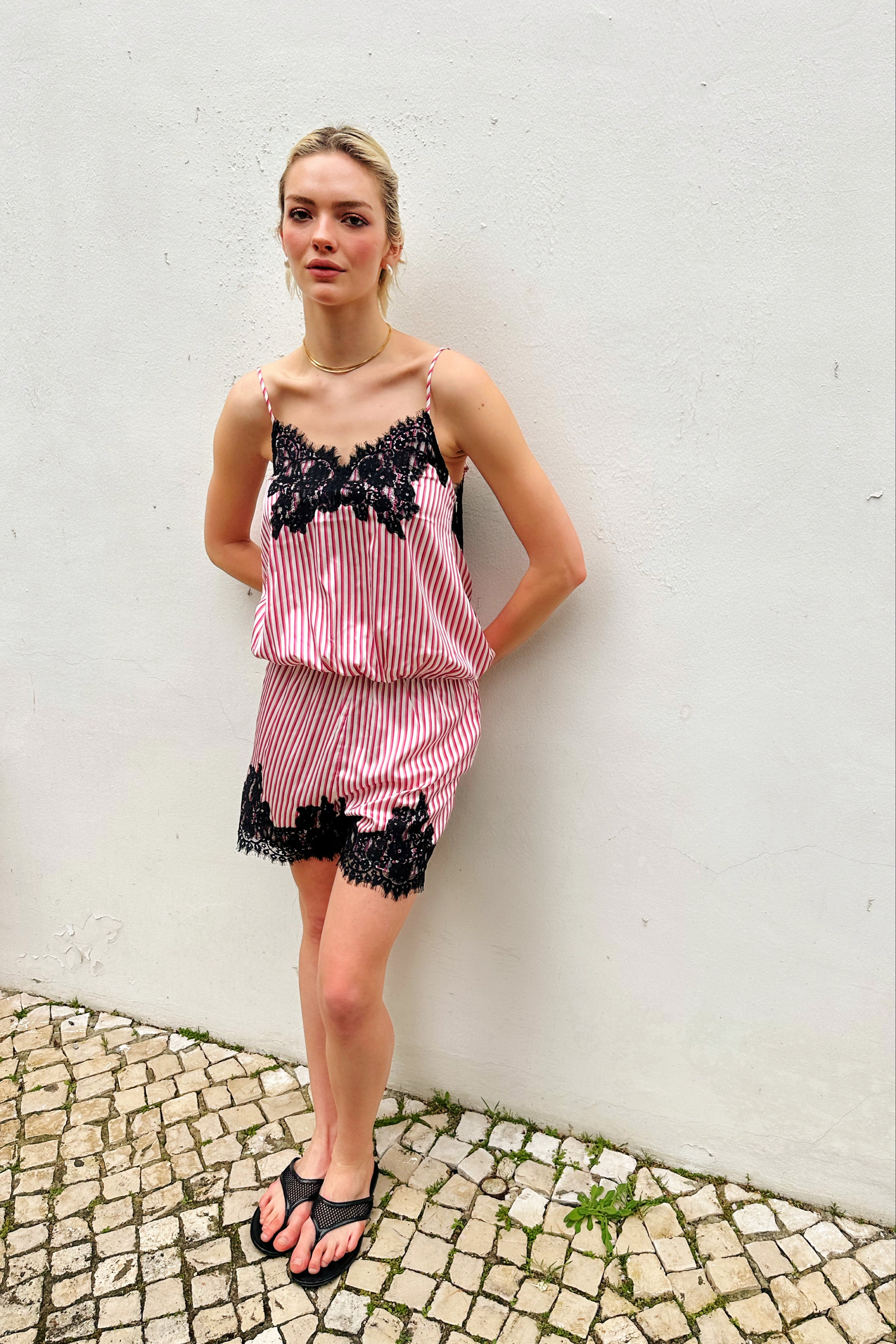 Palma Pink Satin Lace Playsuit