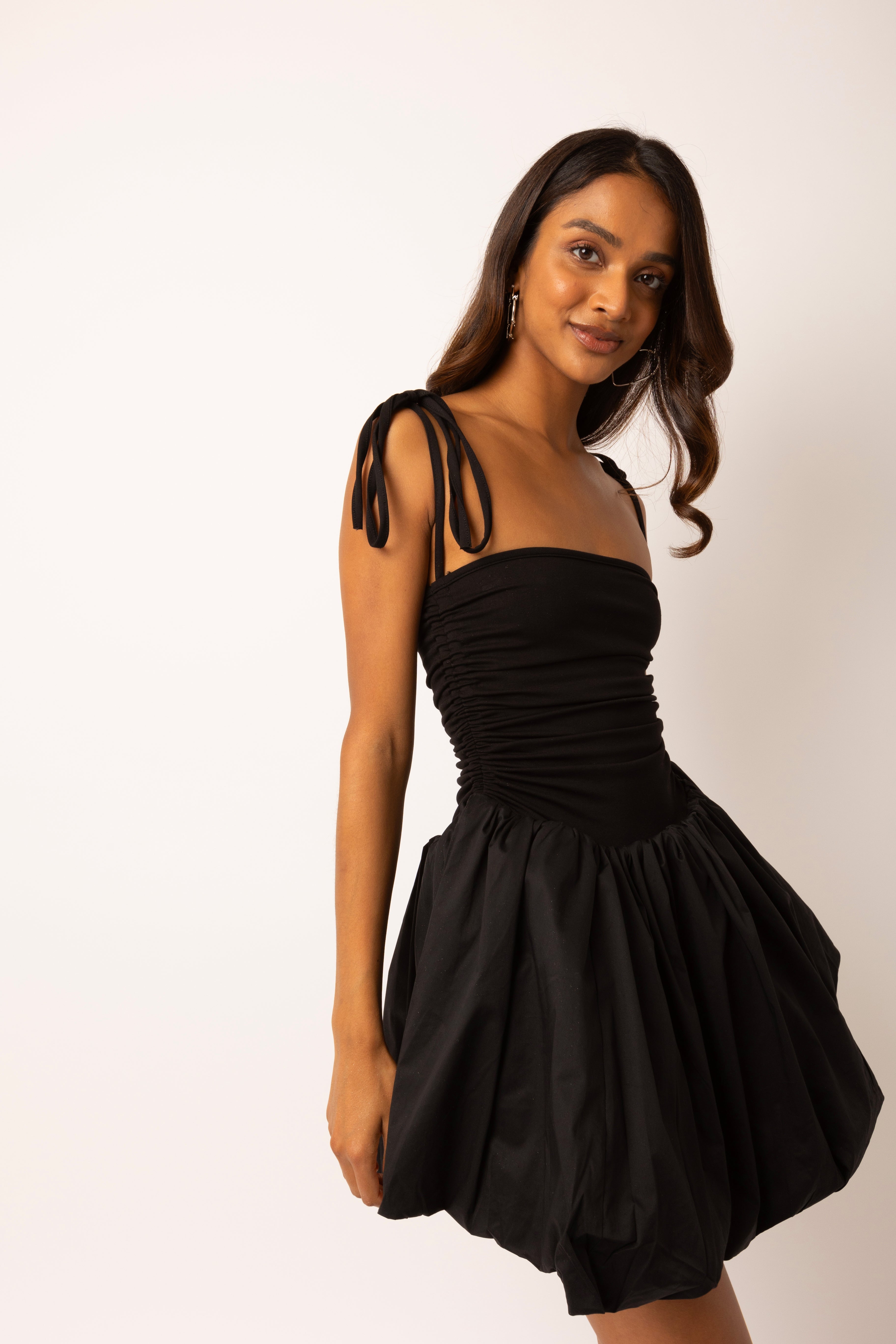 Alexa Cotton Black Puffball Mini Dress
