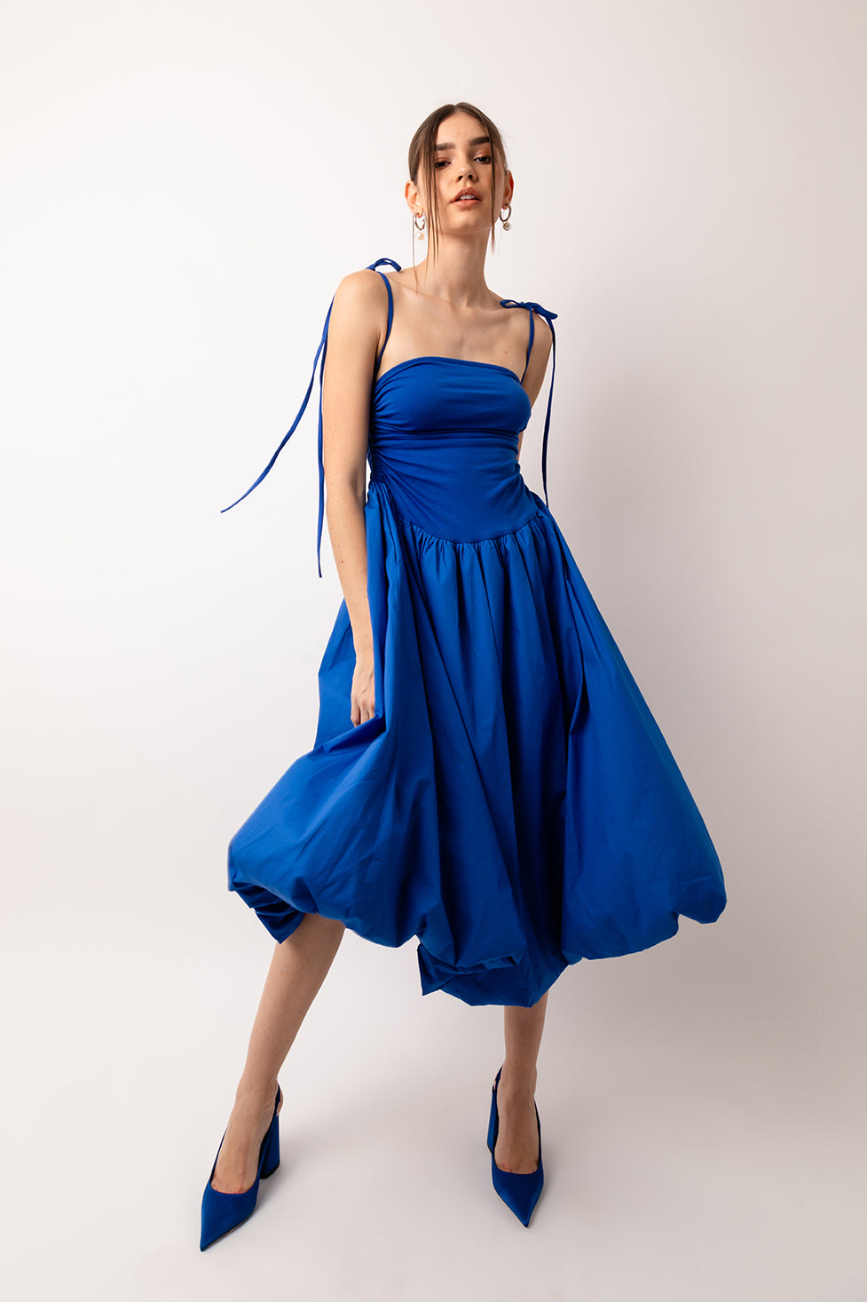 Alexa Cobalt Blue Summer Fit and Flare Puffball Cotton Midi Dress