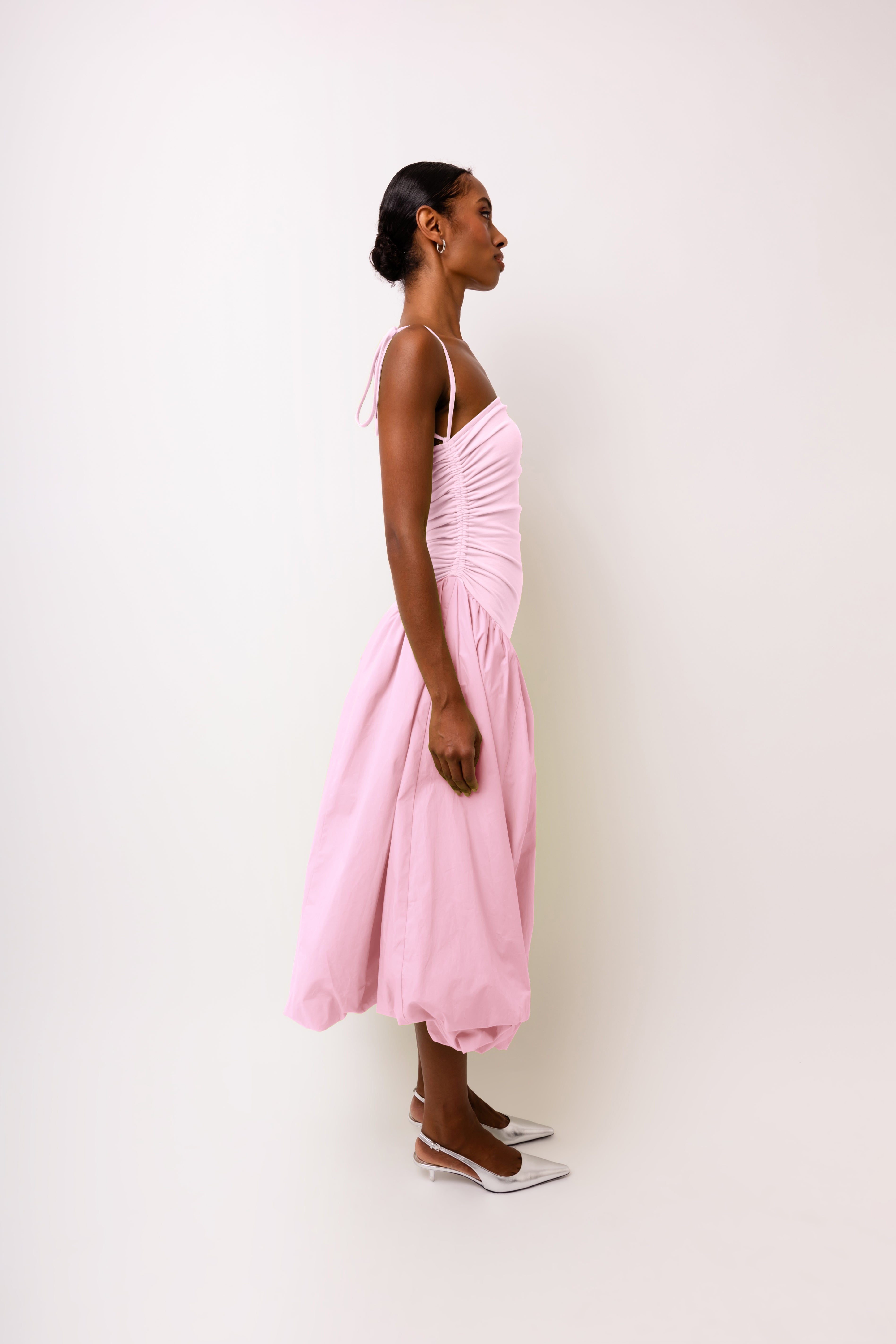 Alexa Light Pink Puffball Cotton Stretch Midi Dress | AmyLynn