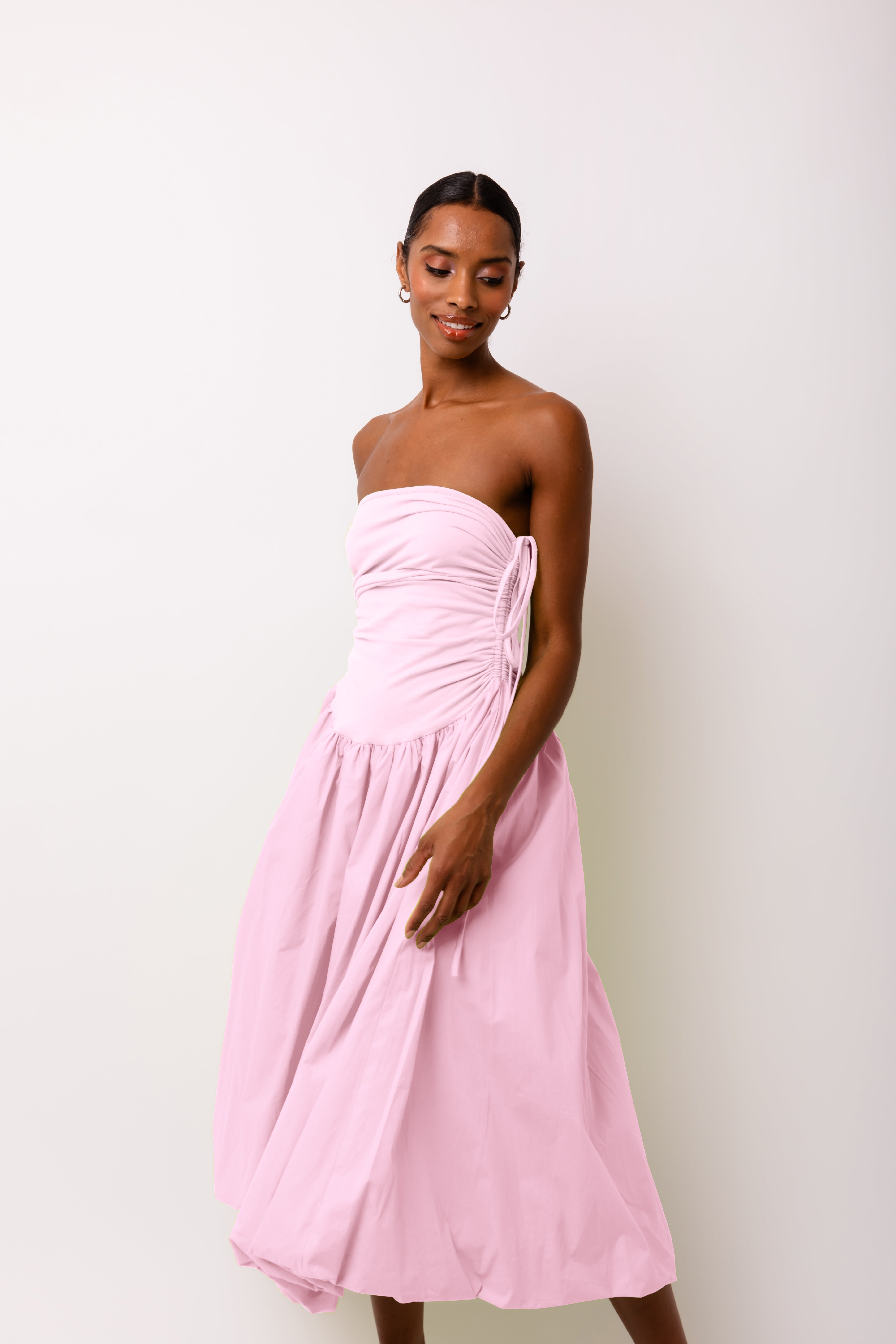 Alexa Light Pink Puffball Cotton Stretch Midi Dress | AmyLynn