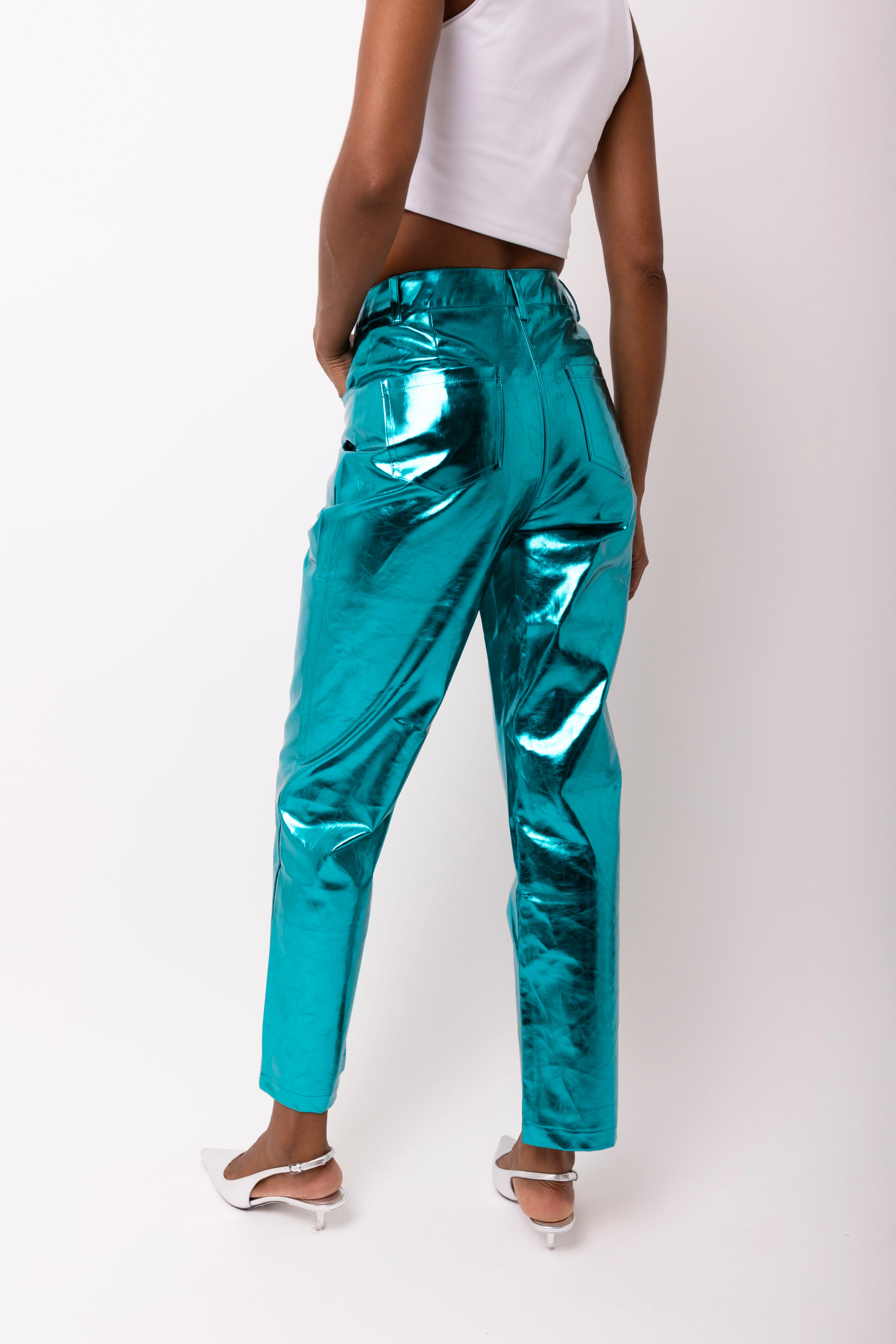 Lupe Blue Metallic Straight Leg High Rise Faux Leather Trousers | AmyLynn 