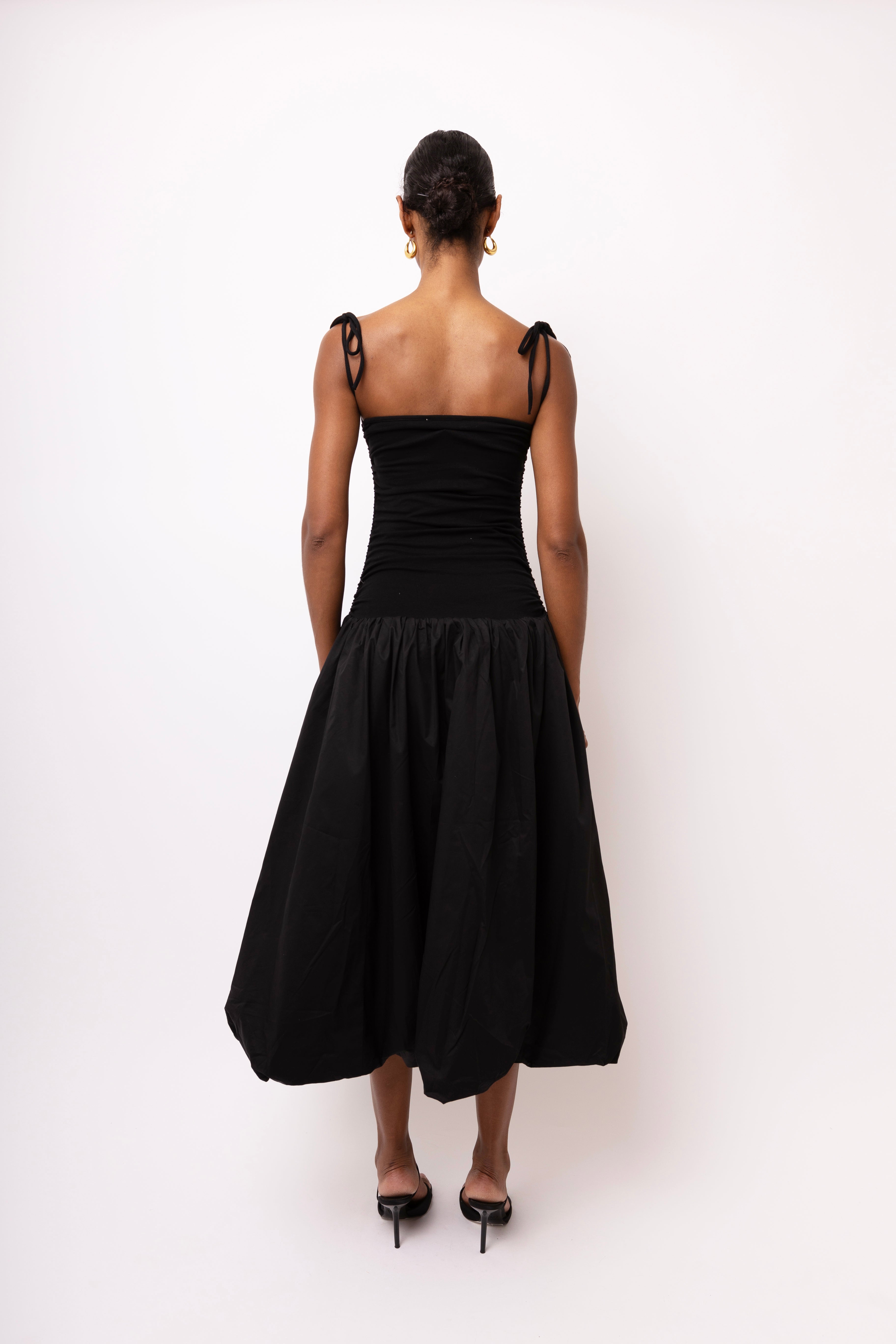 Alexa Black Puffball Cotton Stretch Midi Dress | AmyLynn
