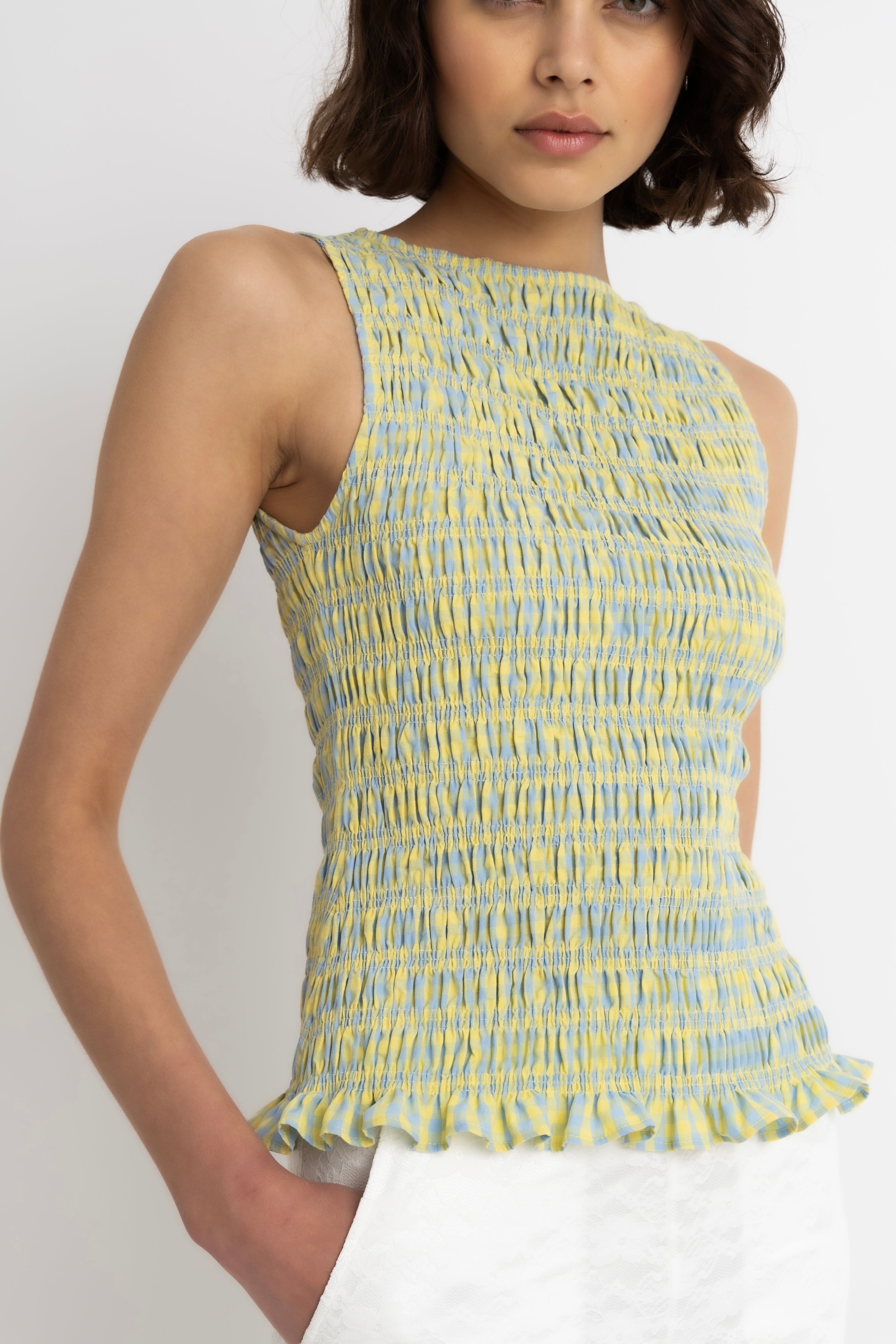 Sonya Pure Cotton Yellow Blue Check Top
