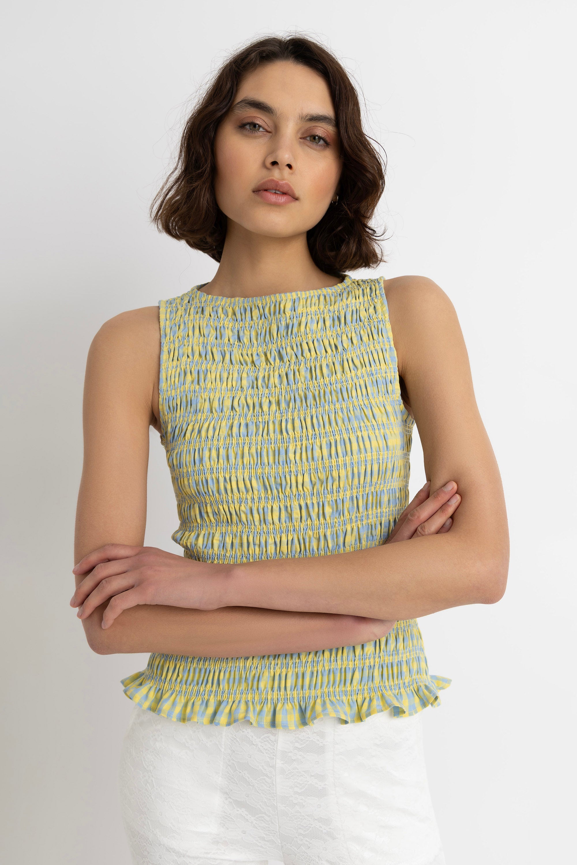 Sonya Pure Cotton Yellow Blue Check Top