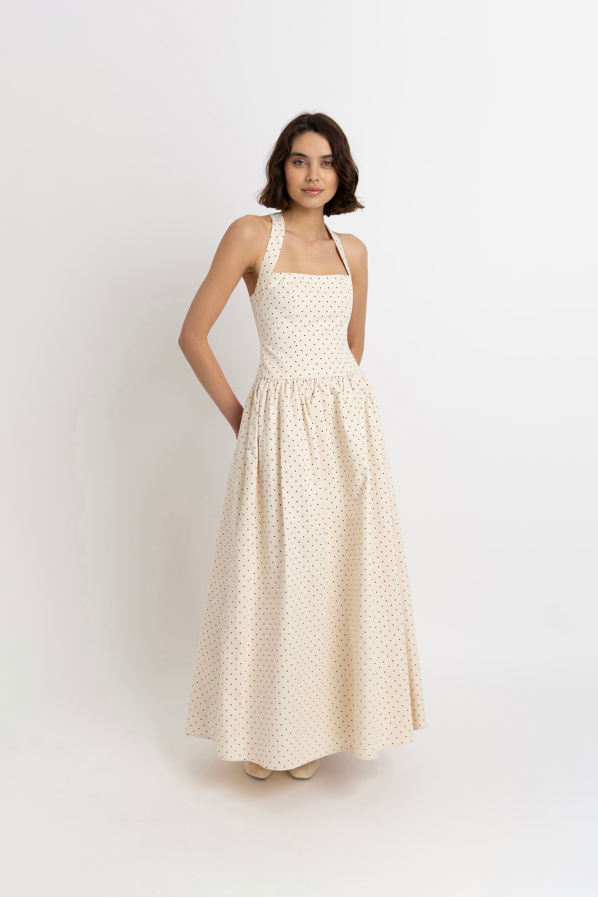 Judie Pure Cotton Beige Polka Dot Maxi Dress