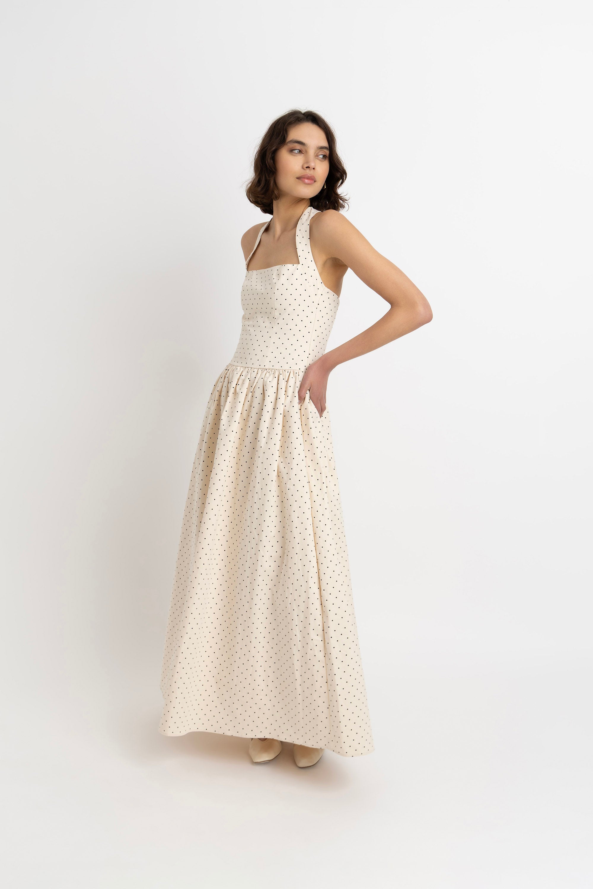 Judie Pure Cotton Beige Polka Dot Maxi Dress
