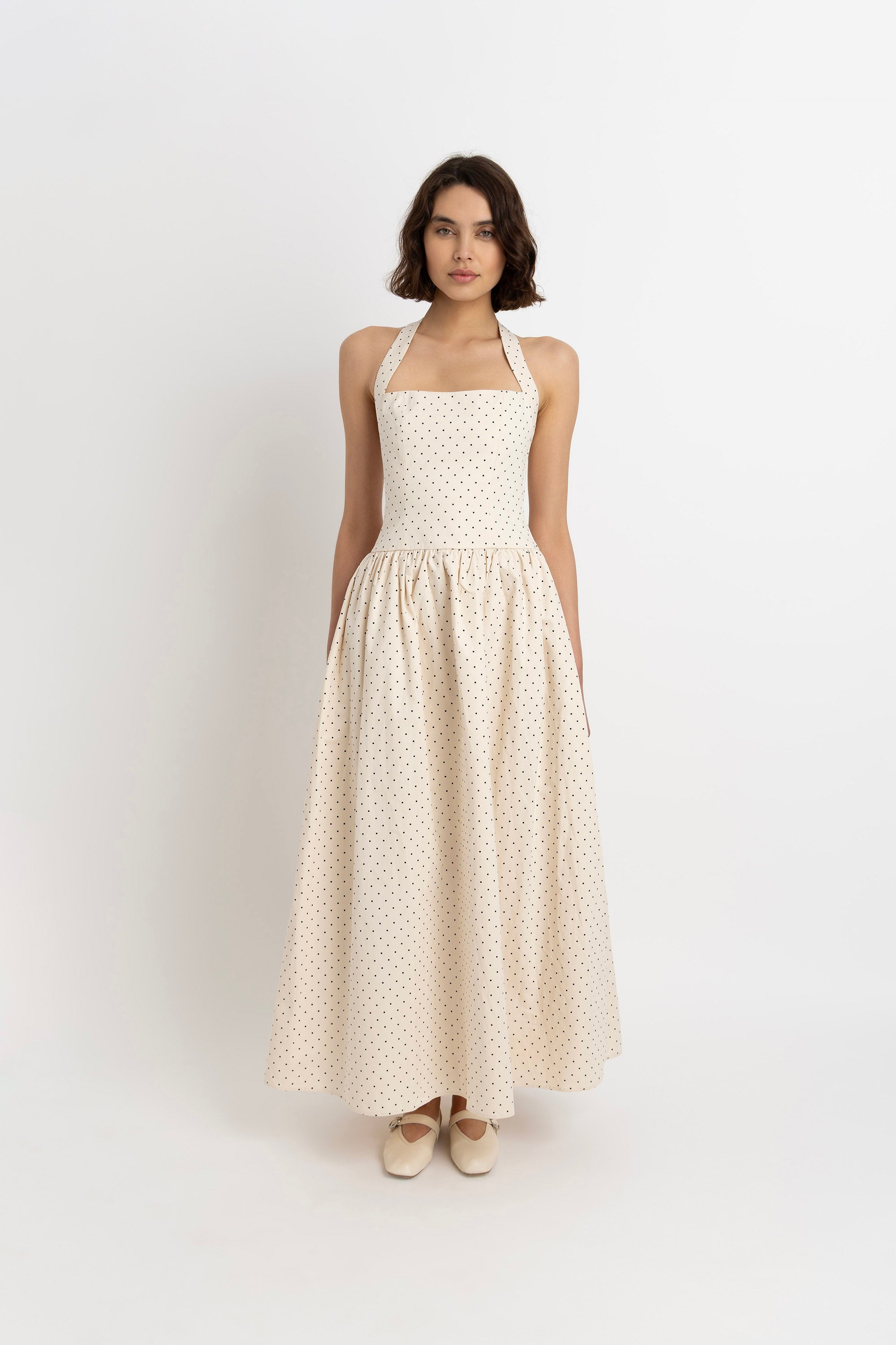 Judie Pure Cotton Beige Polka Dot Maxi Dress