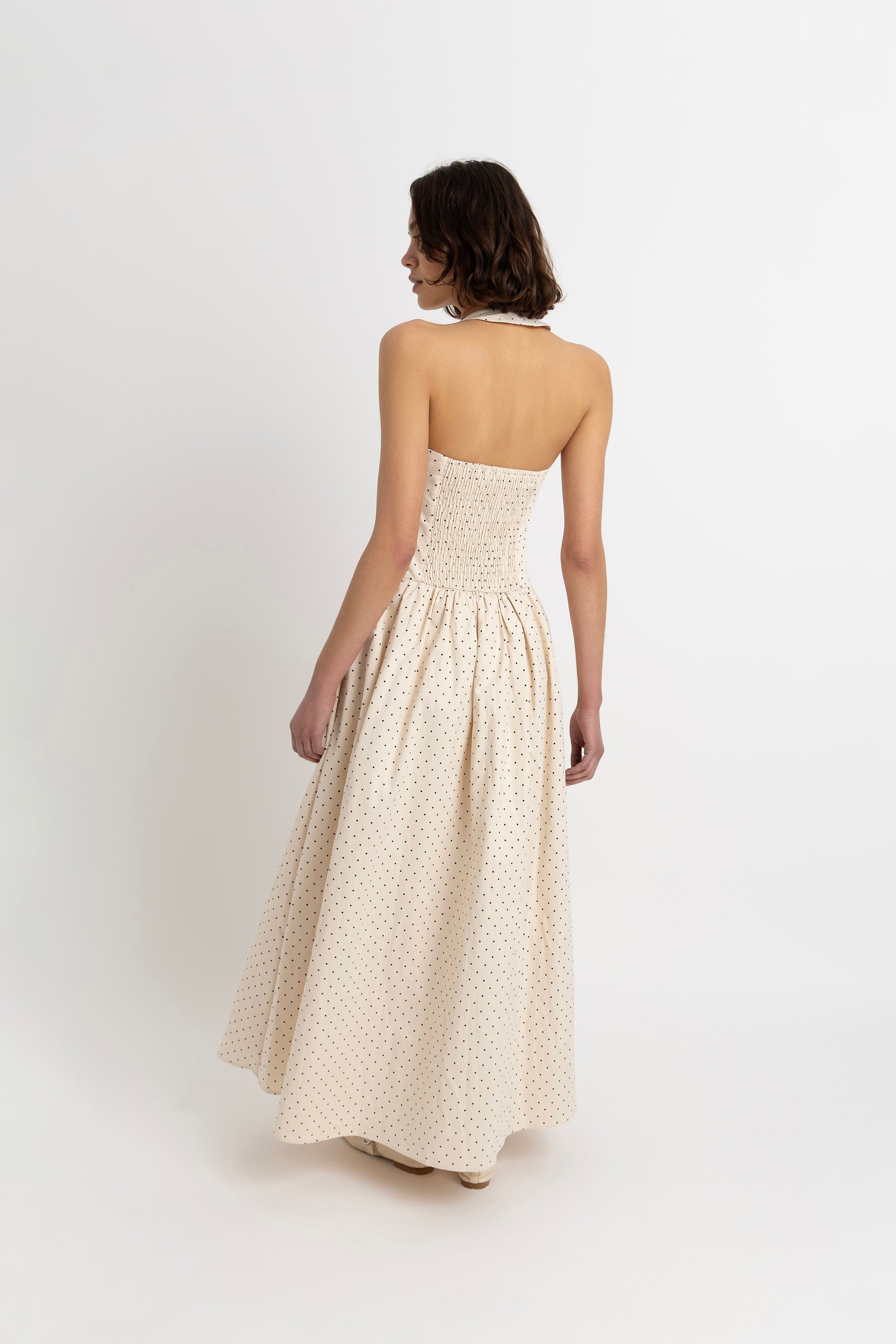 Judie Pure Cotton Beige Polka Dot Maxi Dress