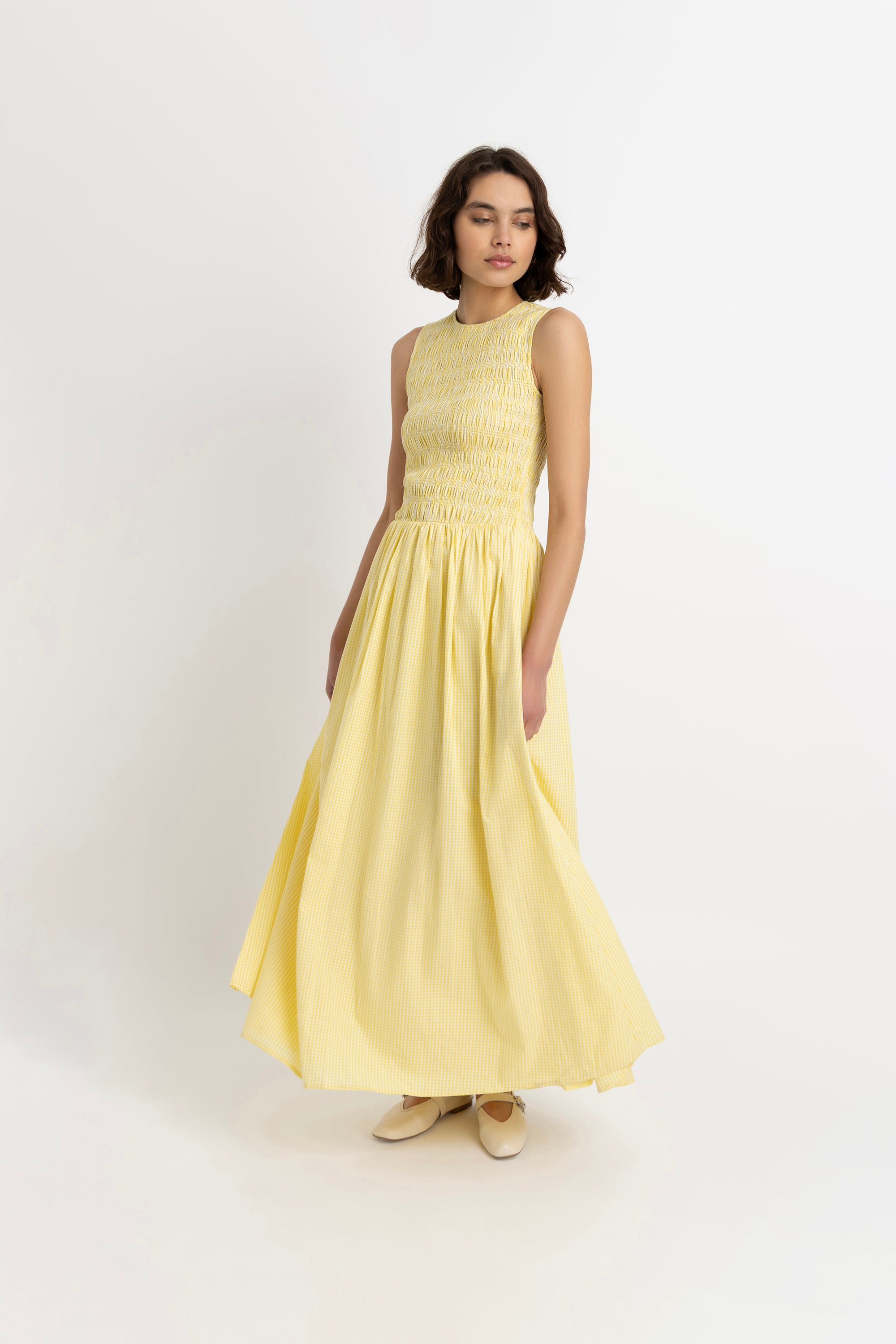 Summer Pure Cotton Yellow Gingham Drop-waist Maxi Dress