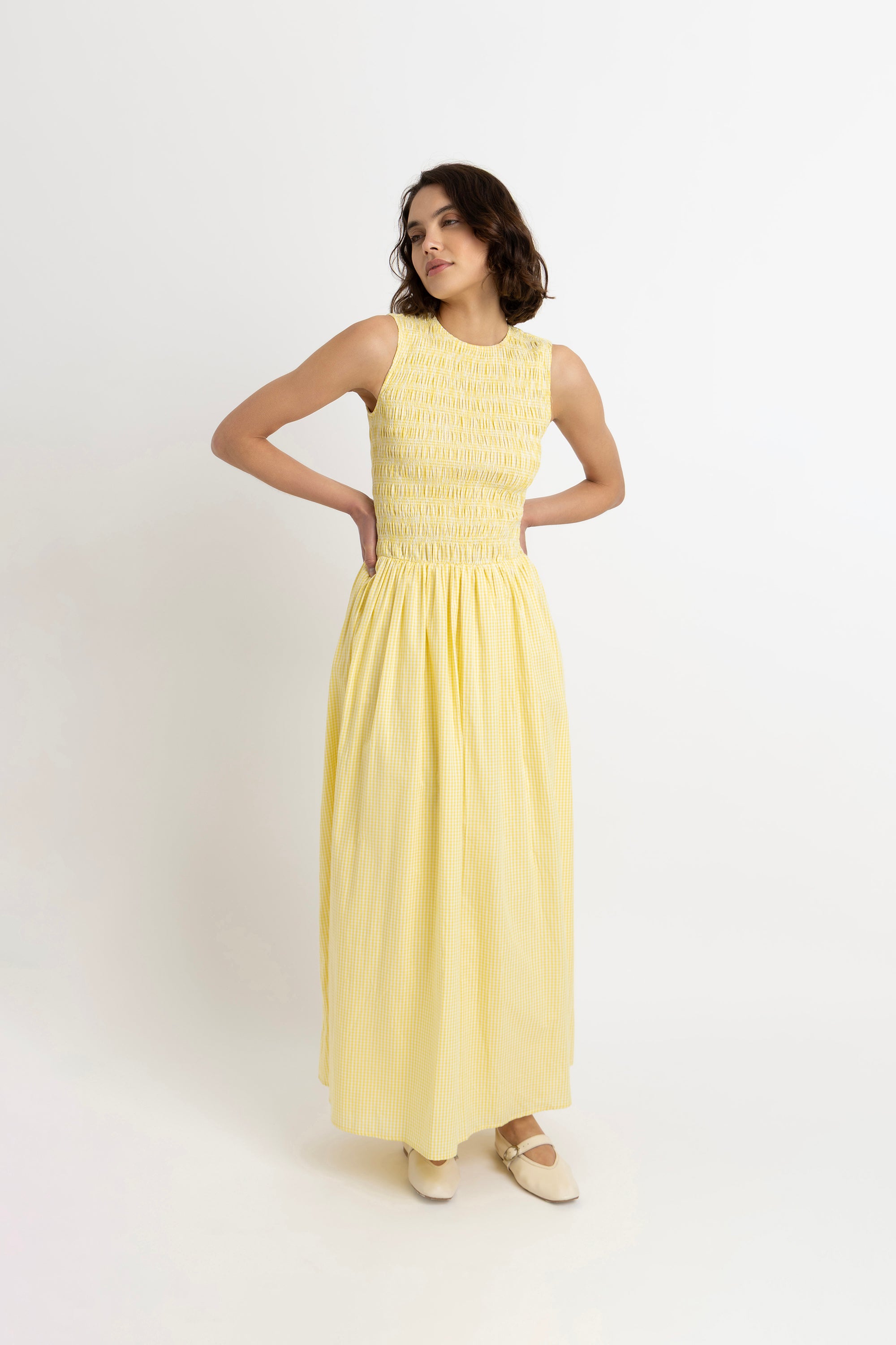 Summer Pure Cotton Yellow Gingham Drop-waist Maxi Dress
