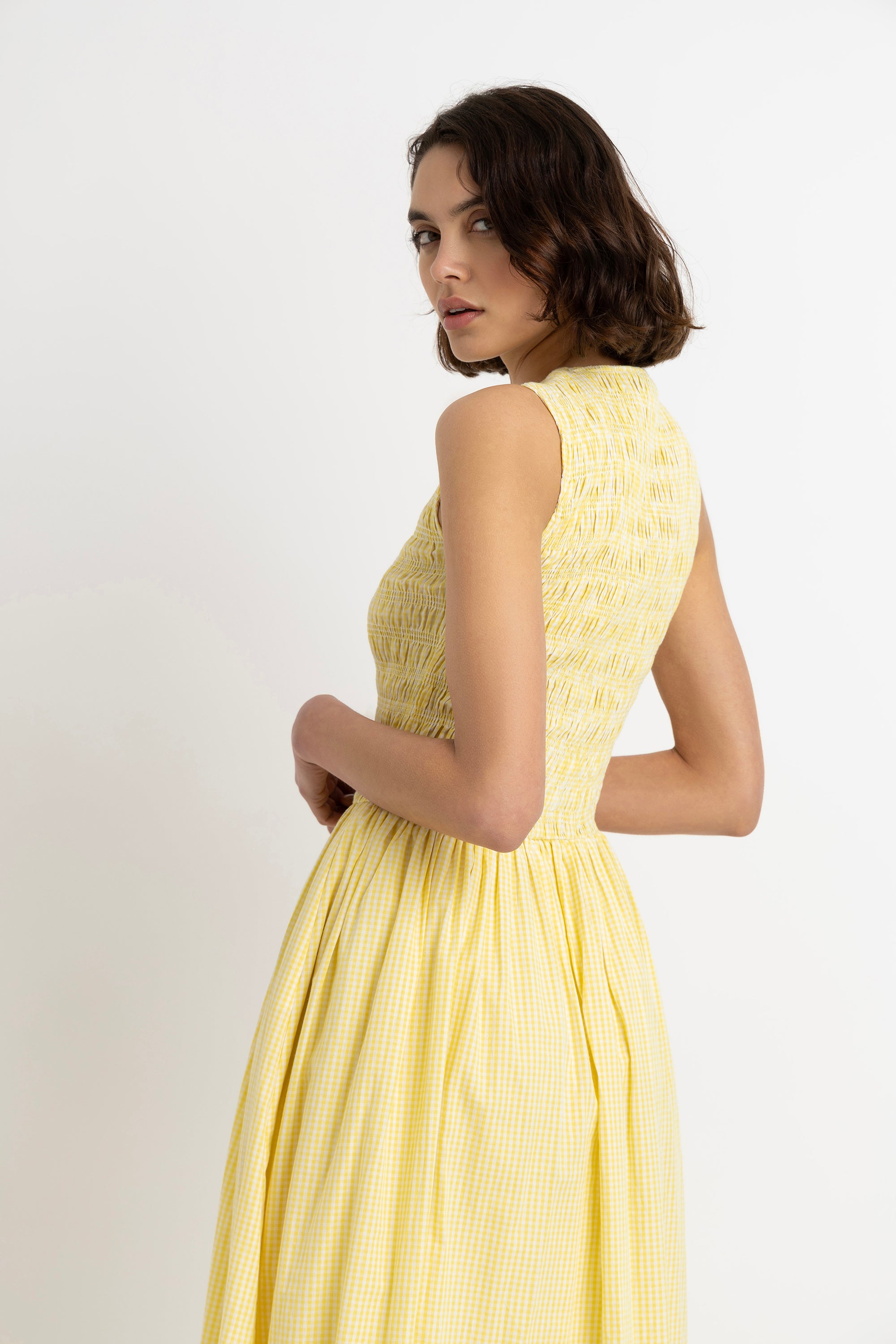 Summer Pure Cotton Yellow Gingham Drop-waist Maxi Dress