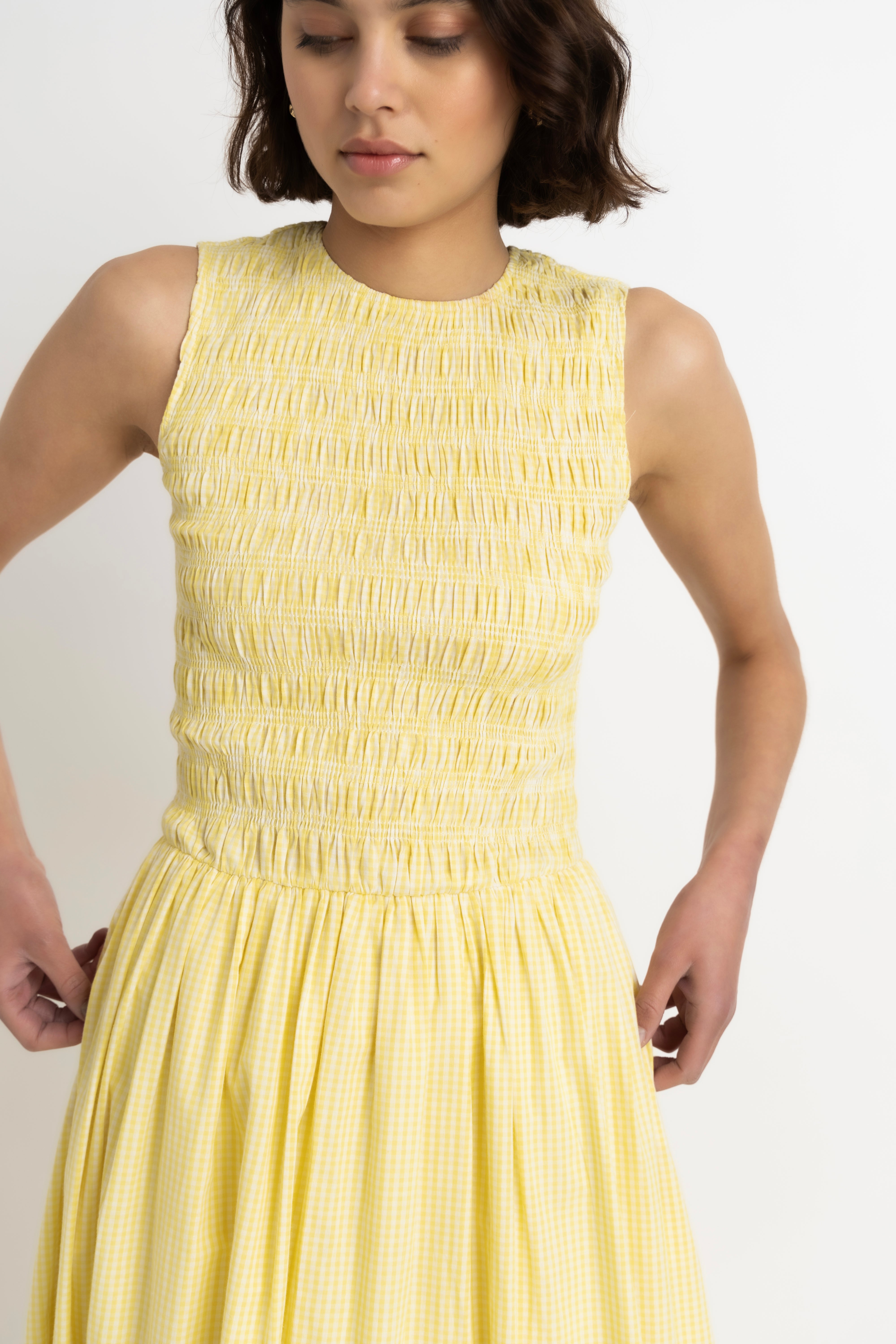 Summer Pure Cotton Yellow Gingham Drop-waist Maxi Dress