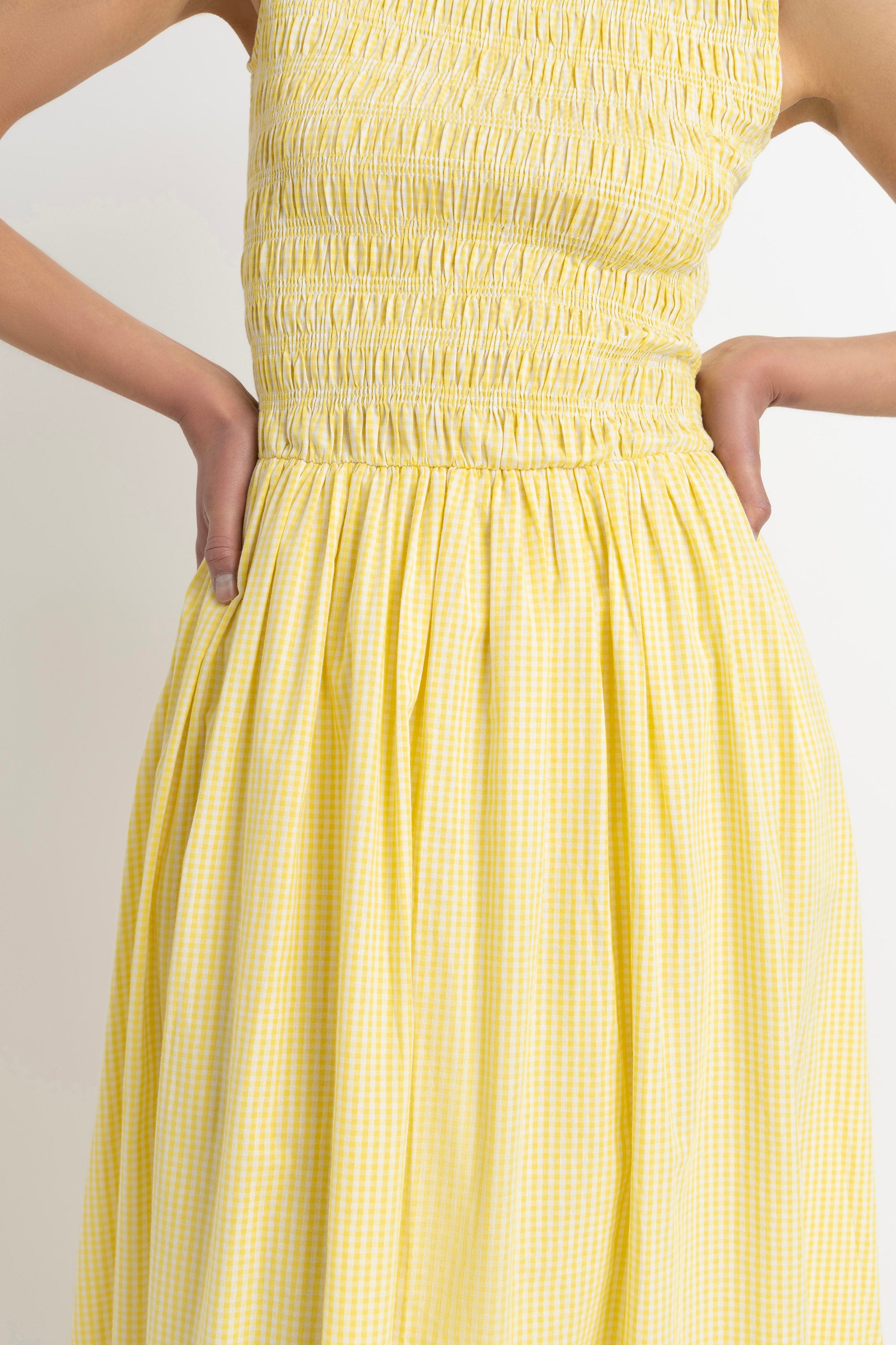 Summer Pure Cotton Yellow Gingham Drop-waist Maxi Dress