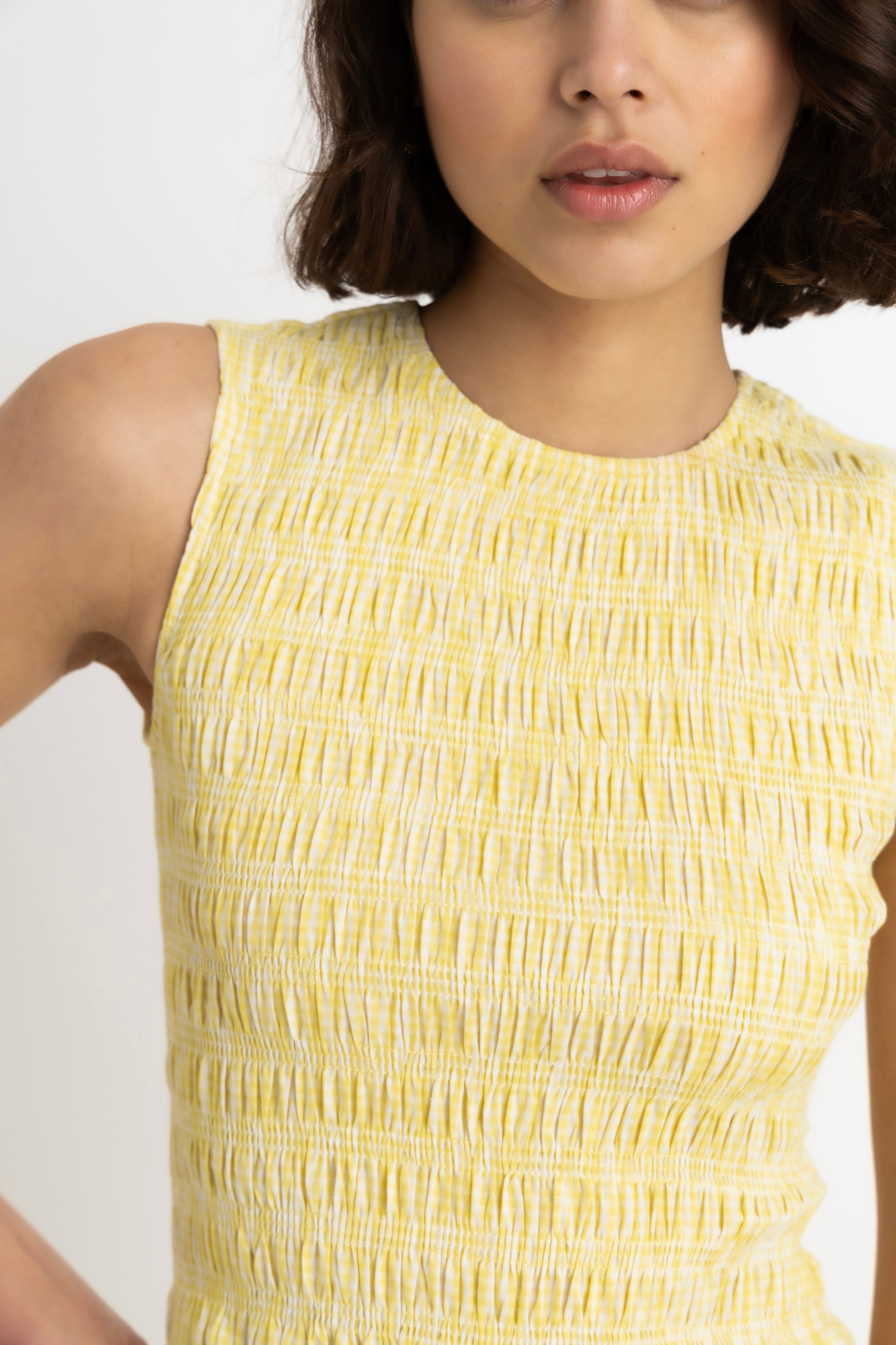 Summer Pure Cotton Yellow Gingham Drop-waist Maxi Dress