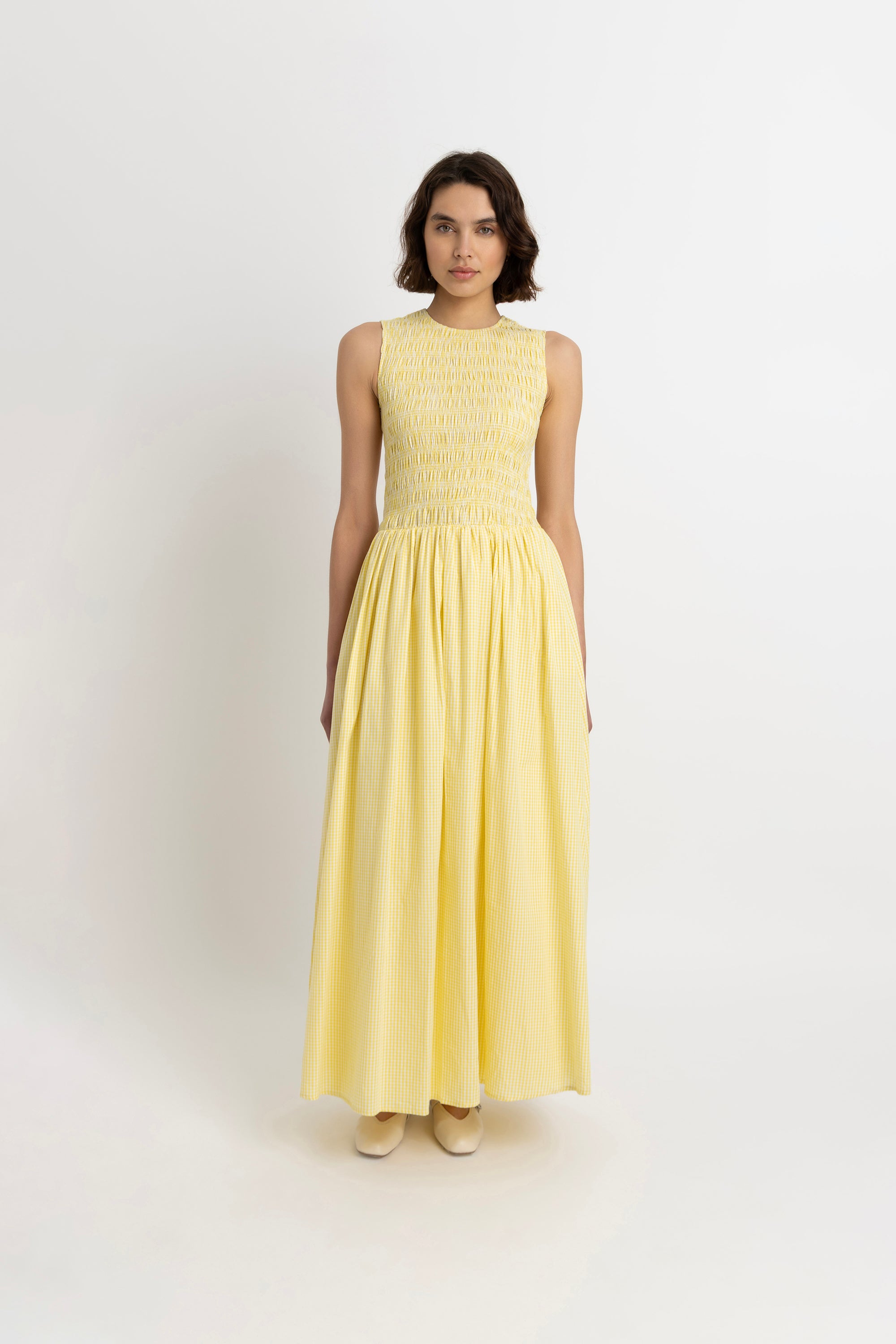 Summer Pure Cotton Yellow Gingham Drop-waist Maxi Dress