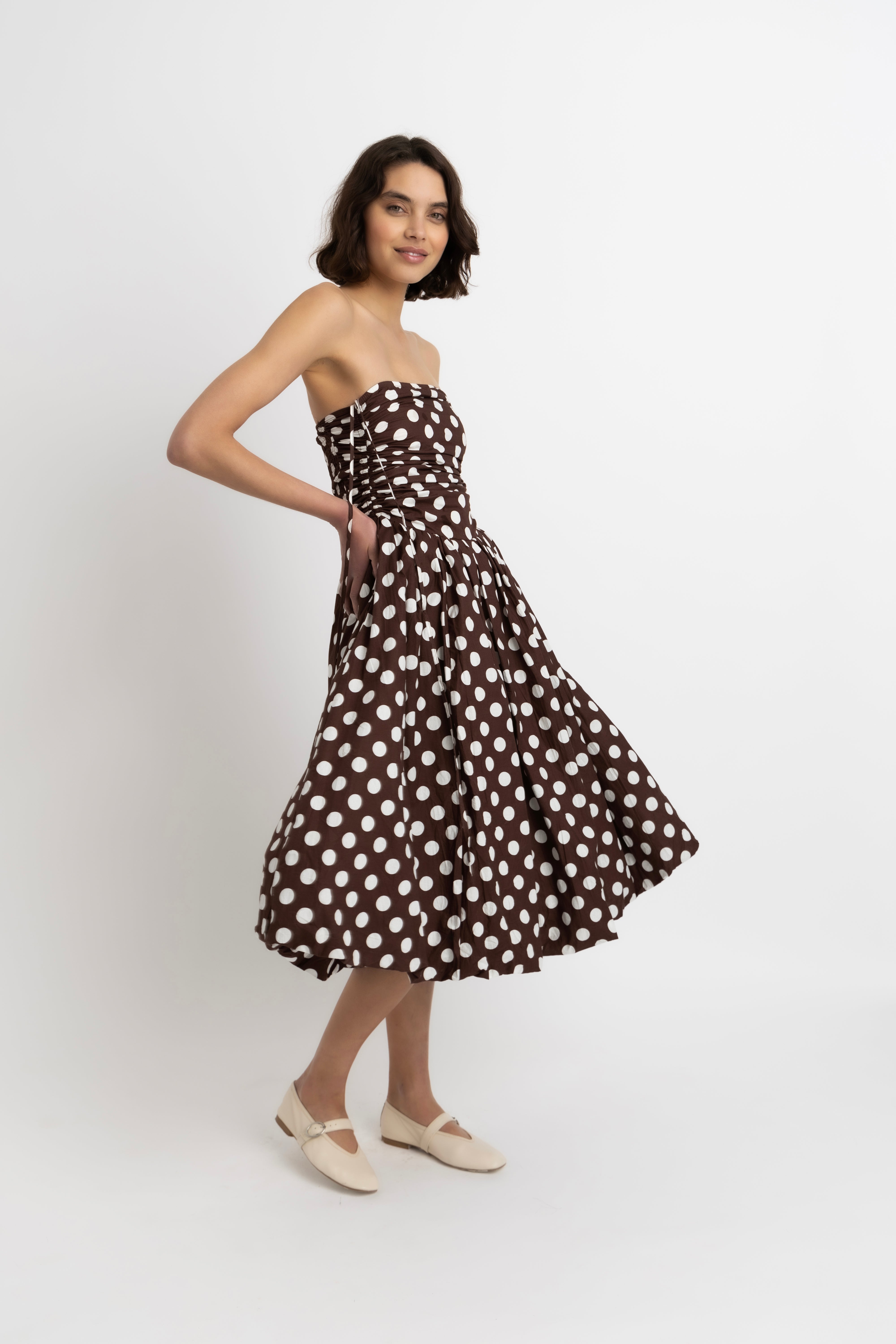Alexa Rich Cotton Brown Polka Dot Puffball Dress