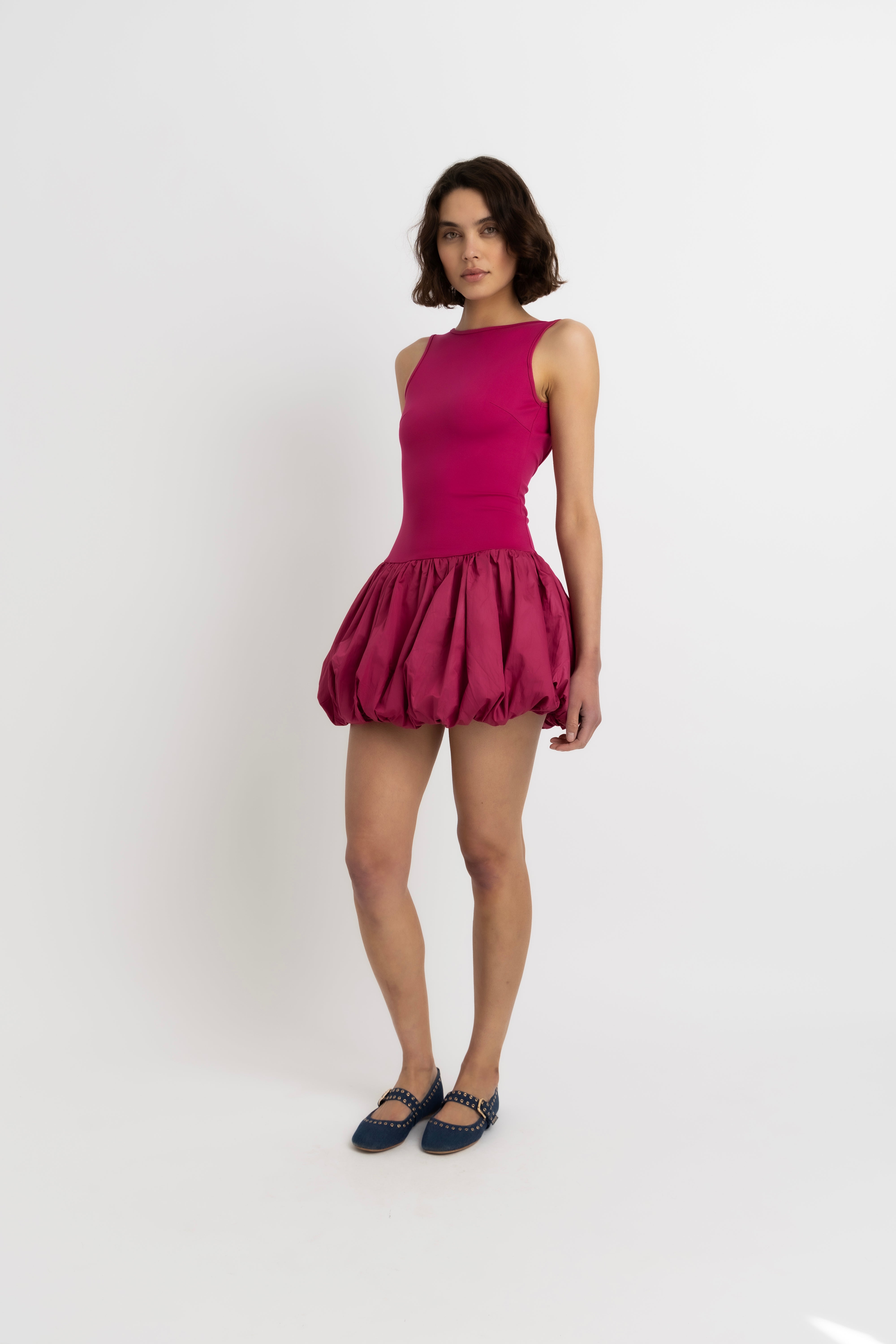 Ciara Rich Cotton Magenta Scoopback Puffball Ultra Mini Dress
