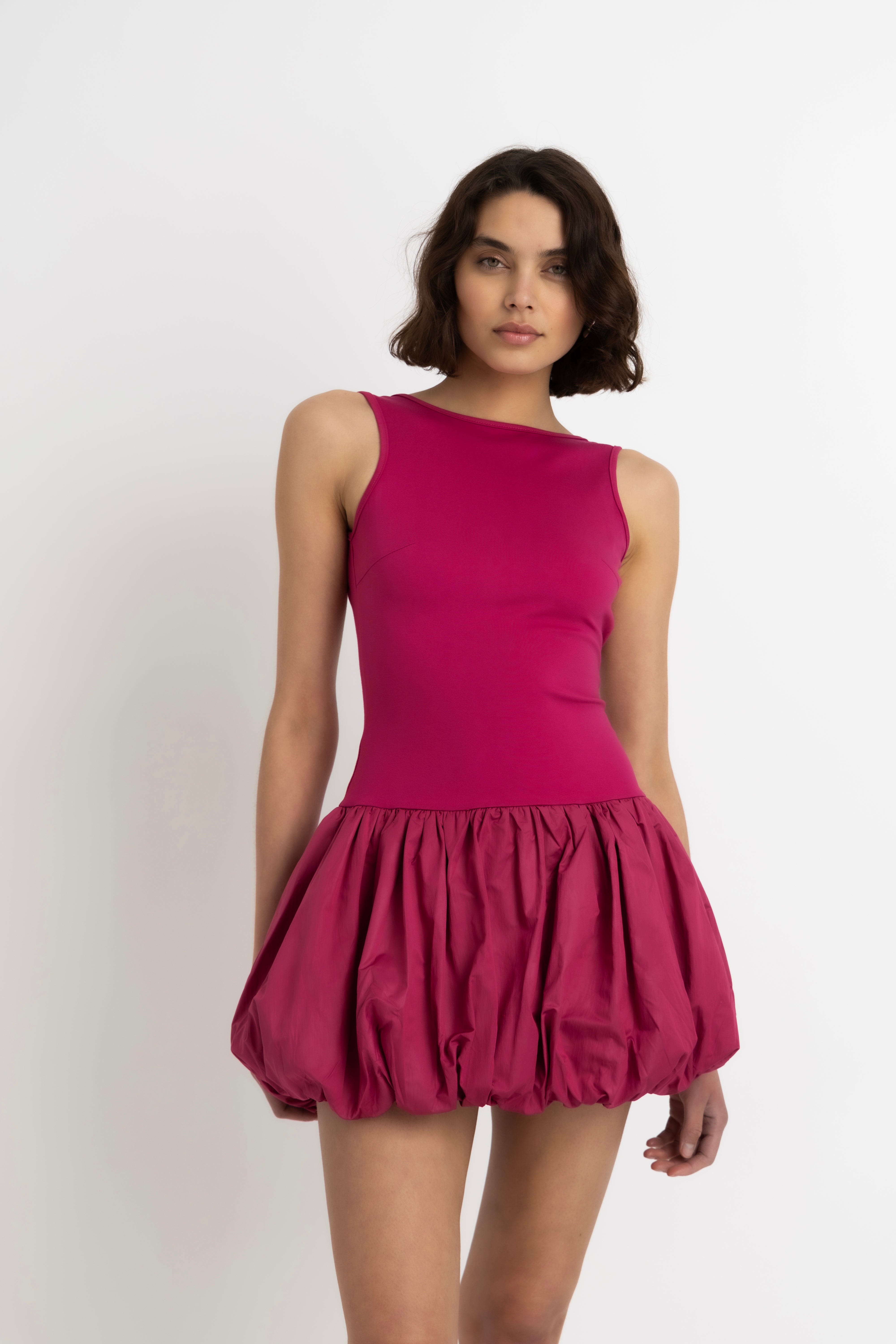 Ciara Rich Cotton Magenta Scoopback Puffball Ultra Mini Dress