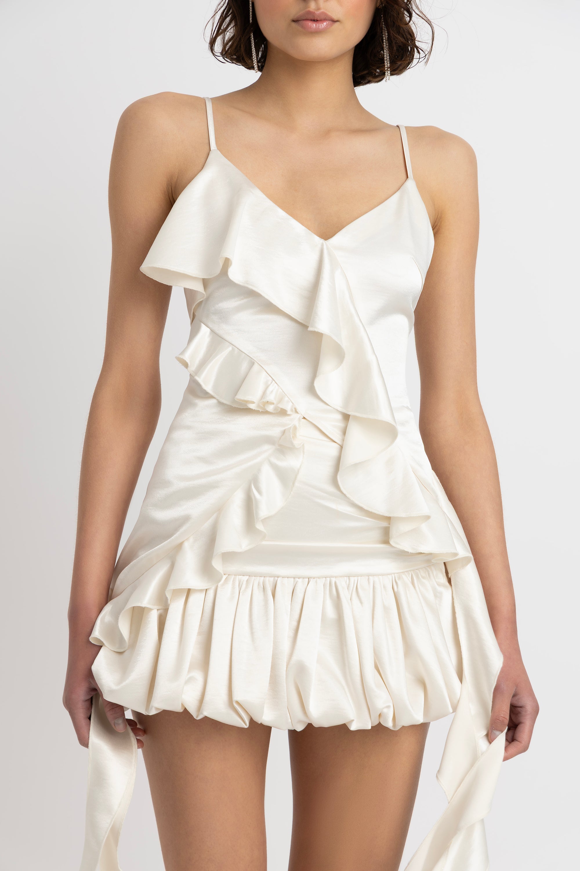 Ciao Cream Satin Draped Ruffles Top