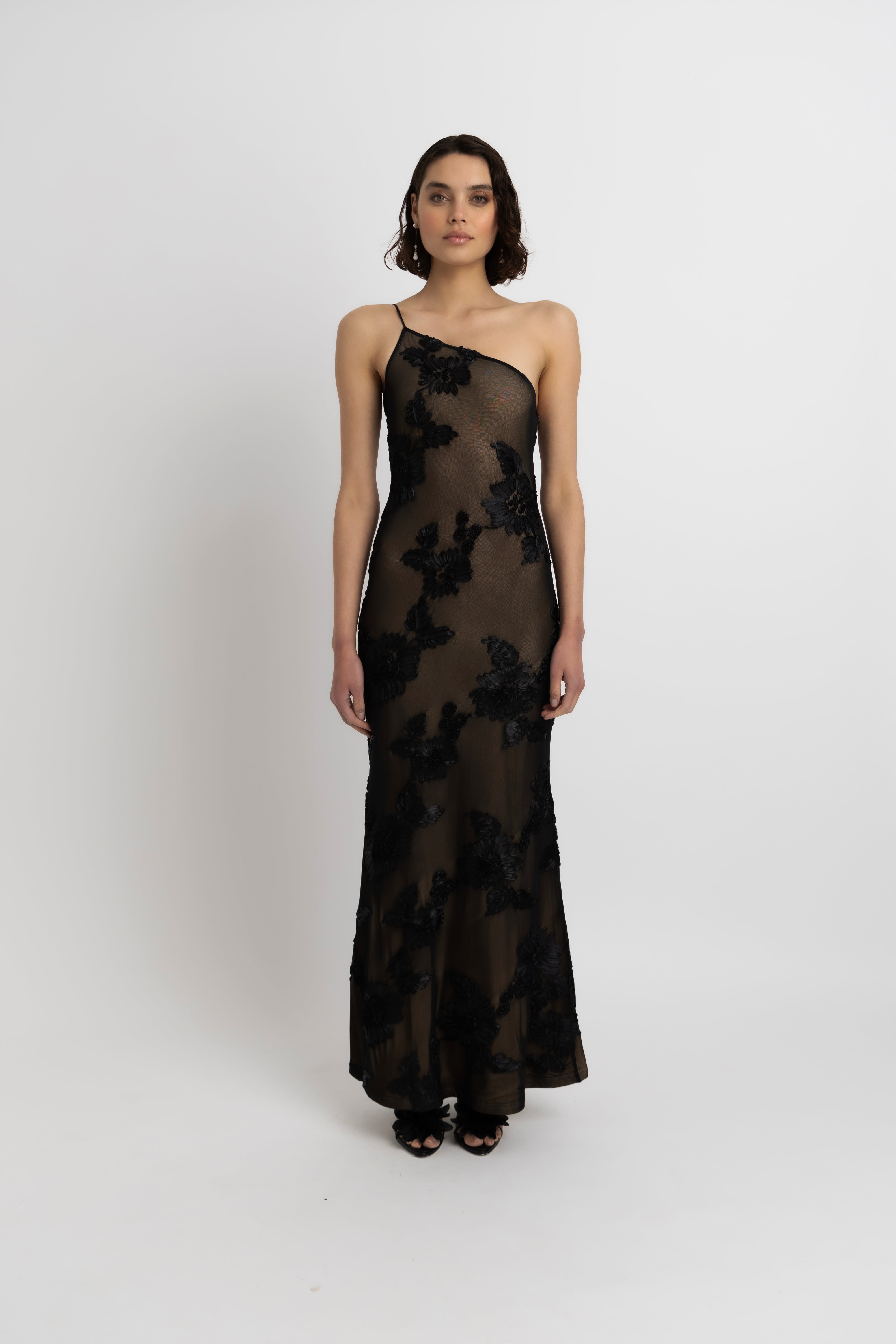 Divya Black 3D Floral Motif Maxi Dress