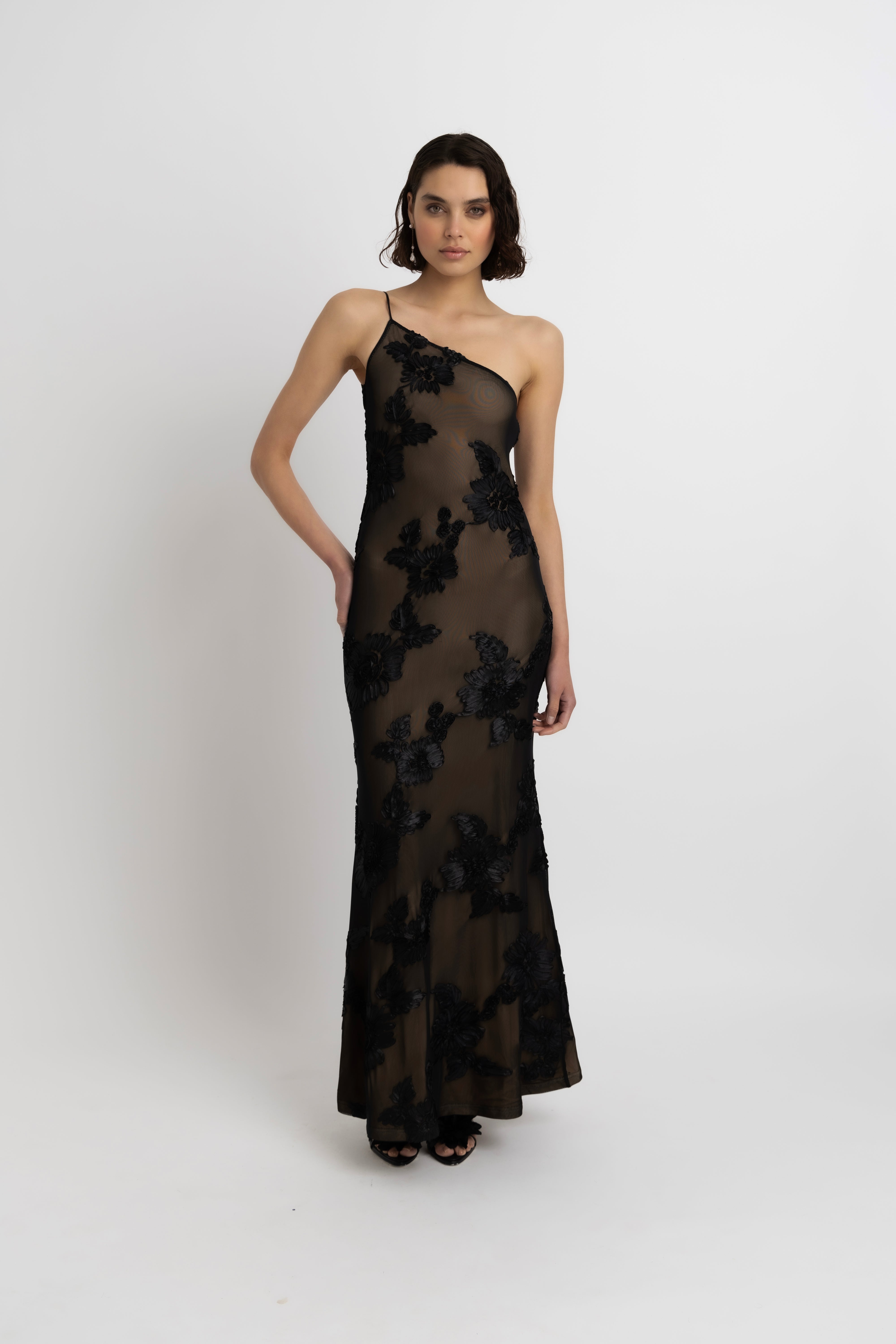 Divya Black 3D Floral Motif Maxi Dress