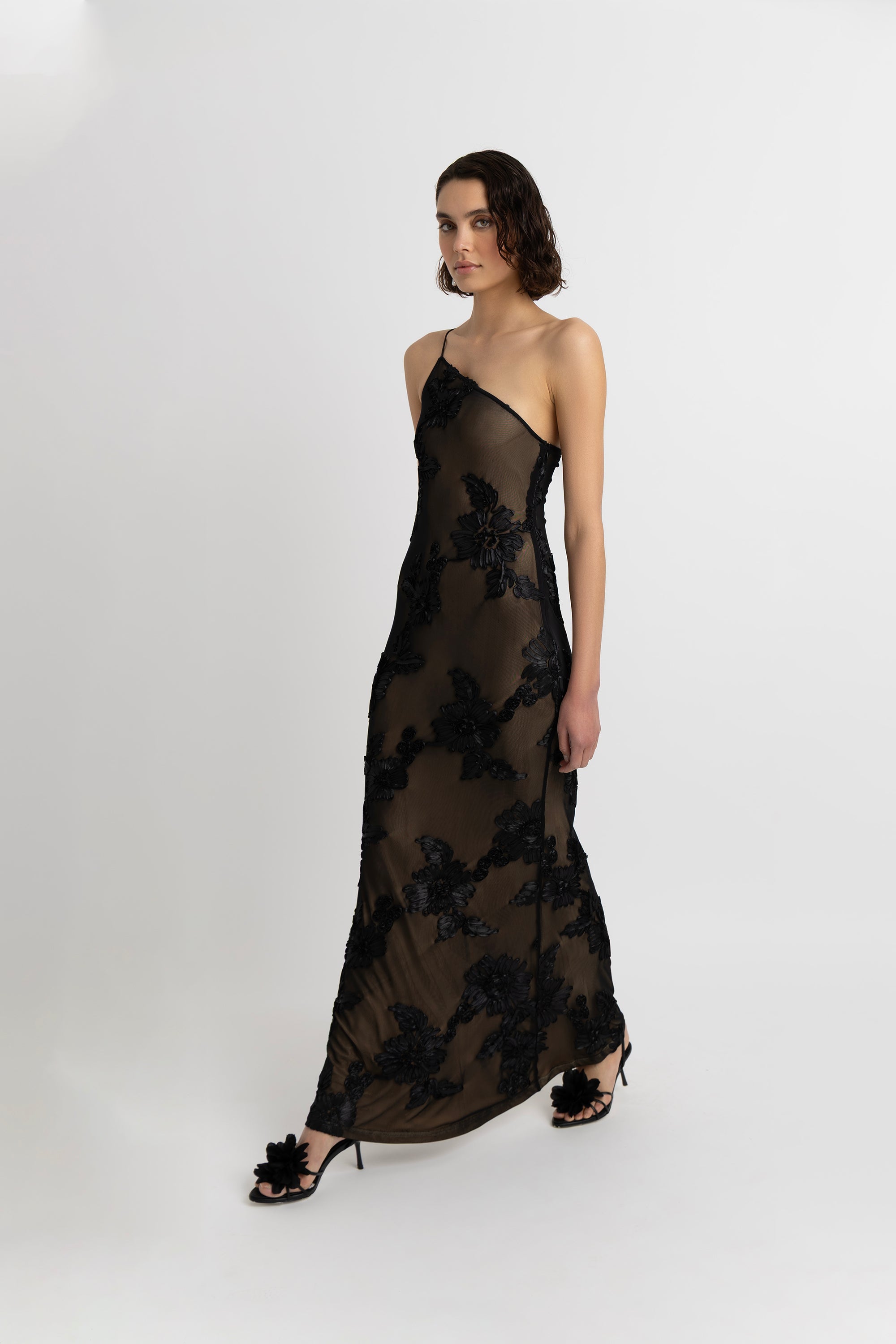 Divya Black 3D Floral Motif Maxi Dress