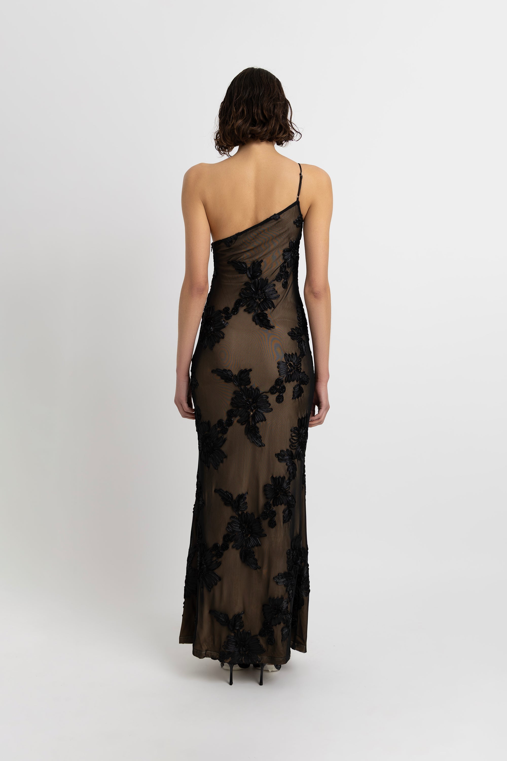 Divya Black 3D Floral Motif Maxi Dress