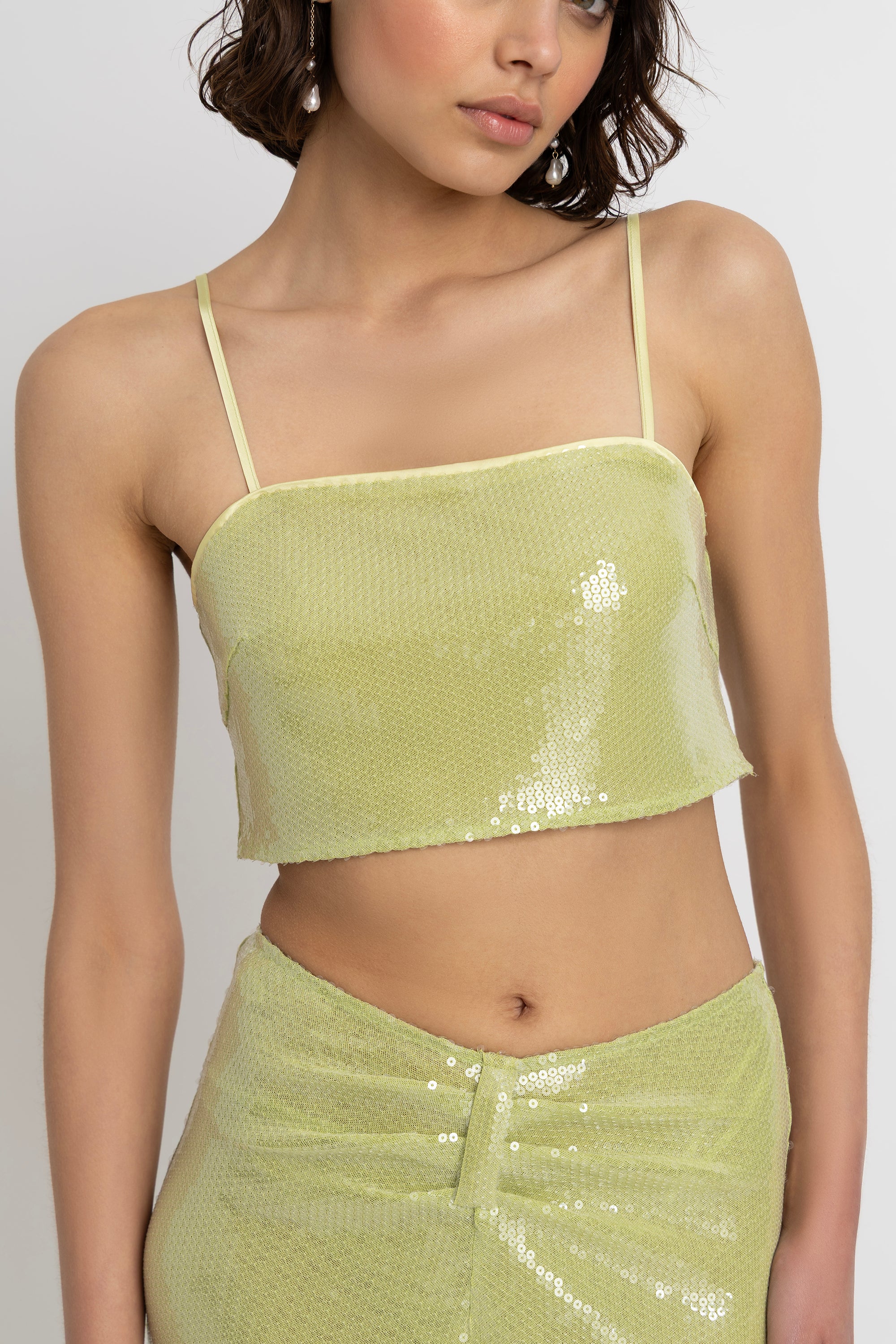 Ambra Lime Green Sequin Crop Top