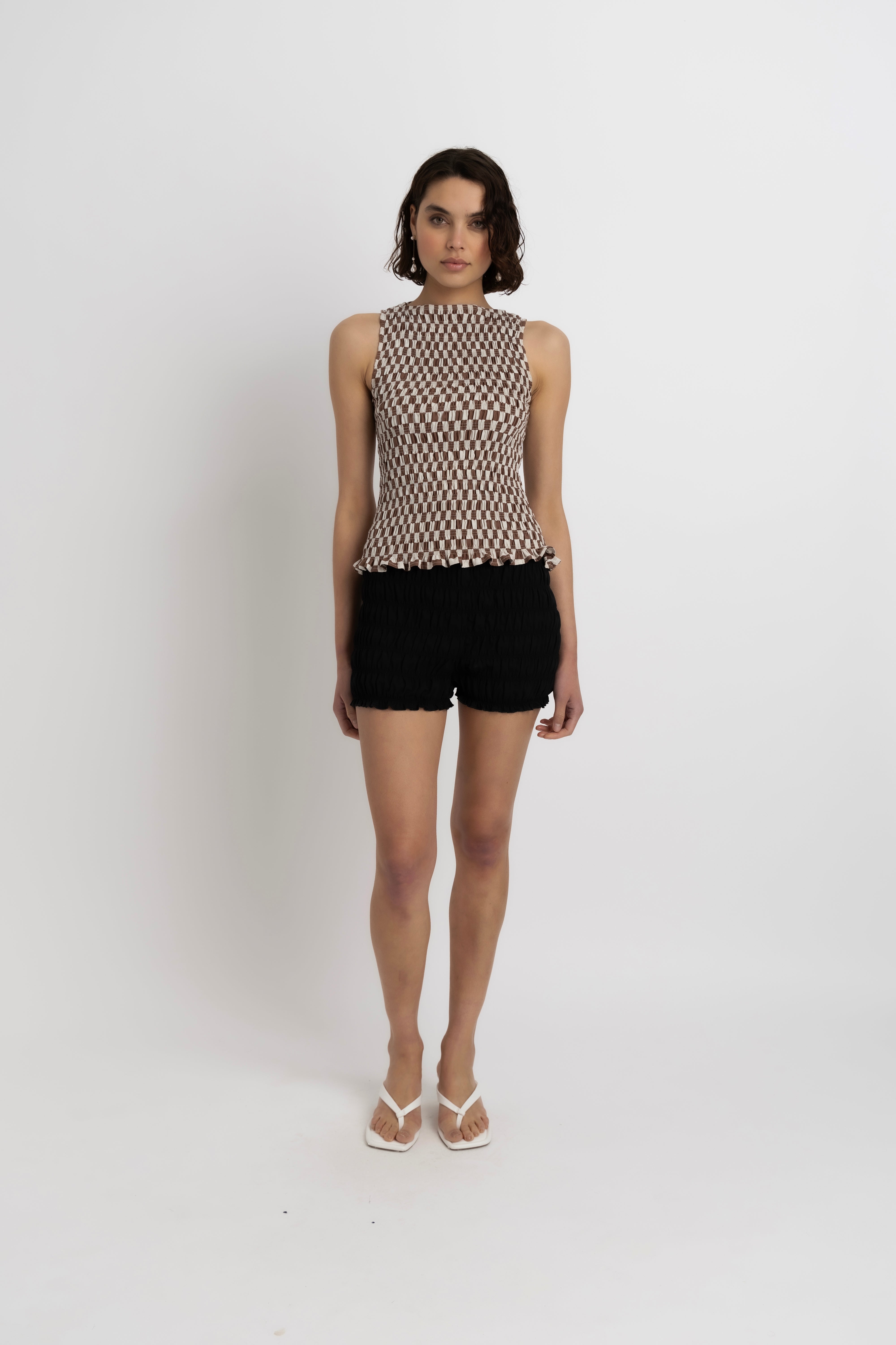 Sonya Pure Cotton Brown Checkerboard Top