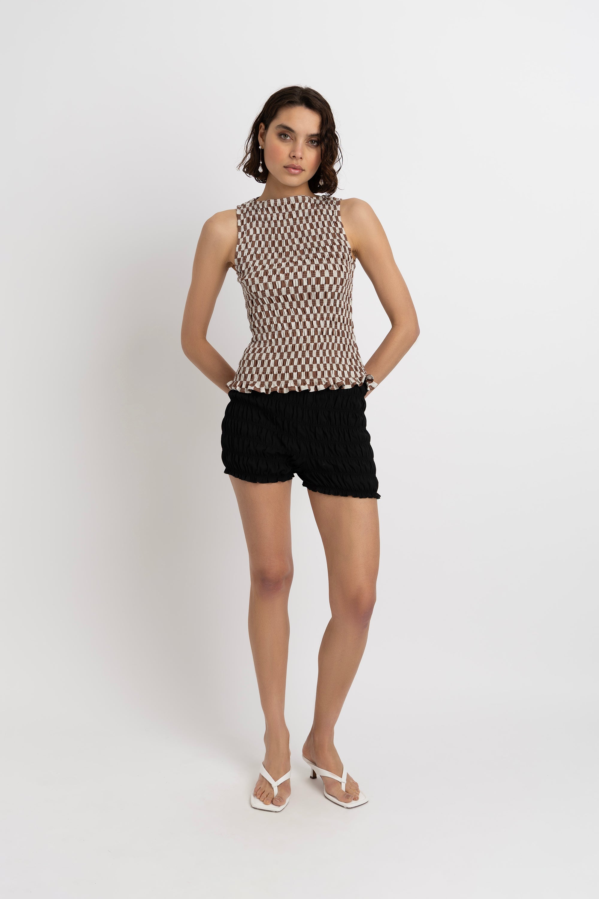 Sonya Pure Cotton Brown Checkerboard Top