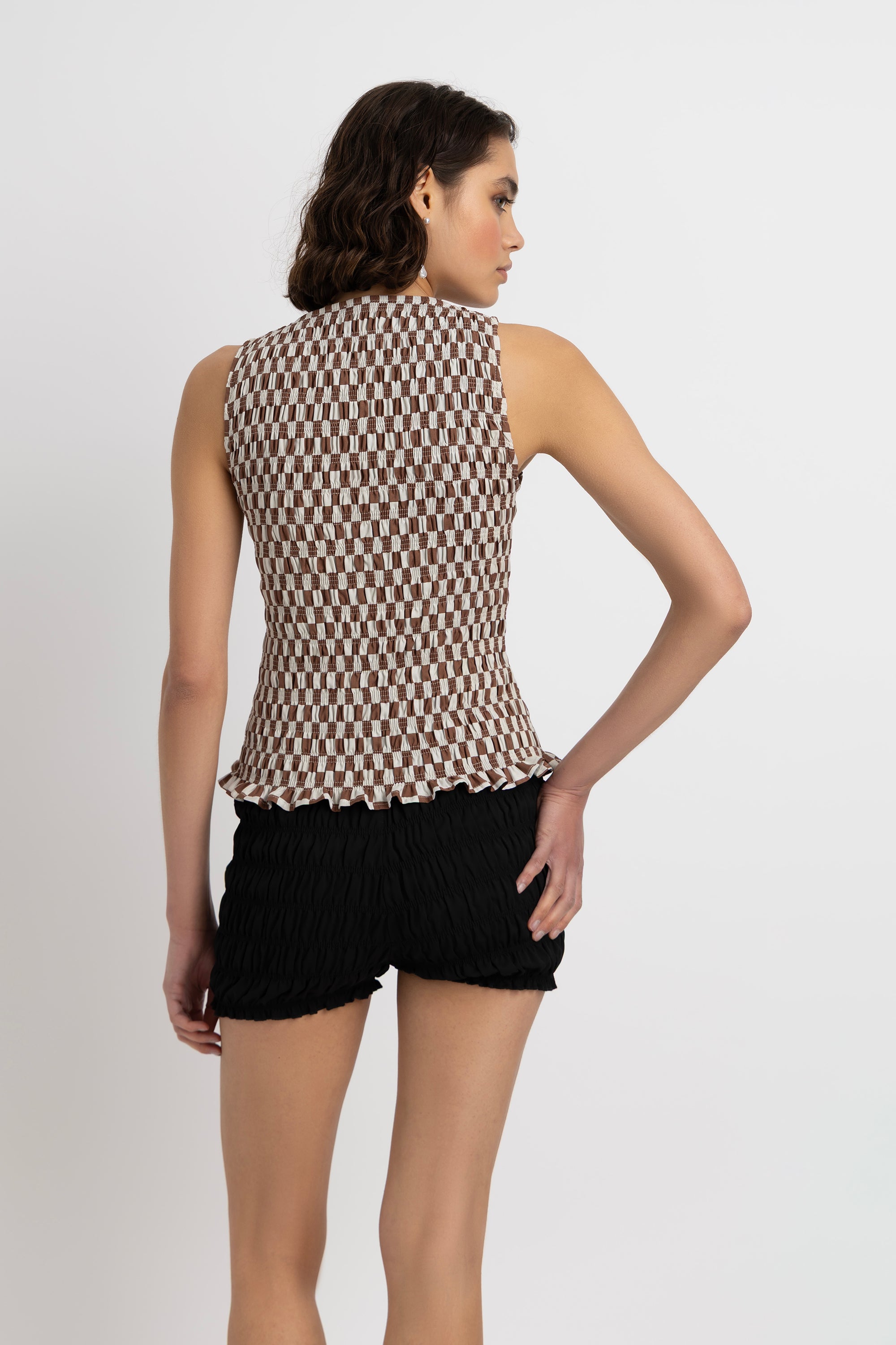 Sonya Pure Cotton Brown Checkerboard Top