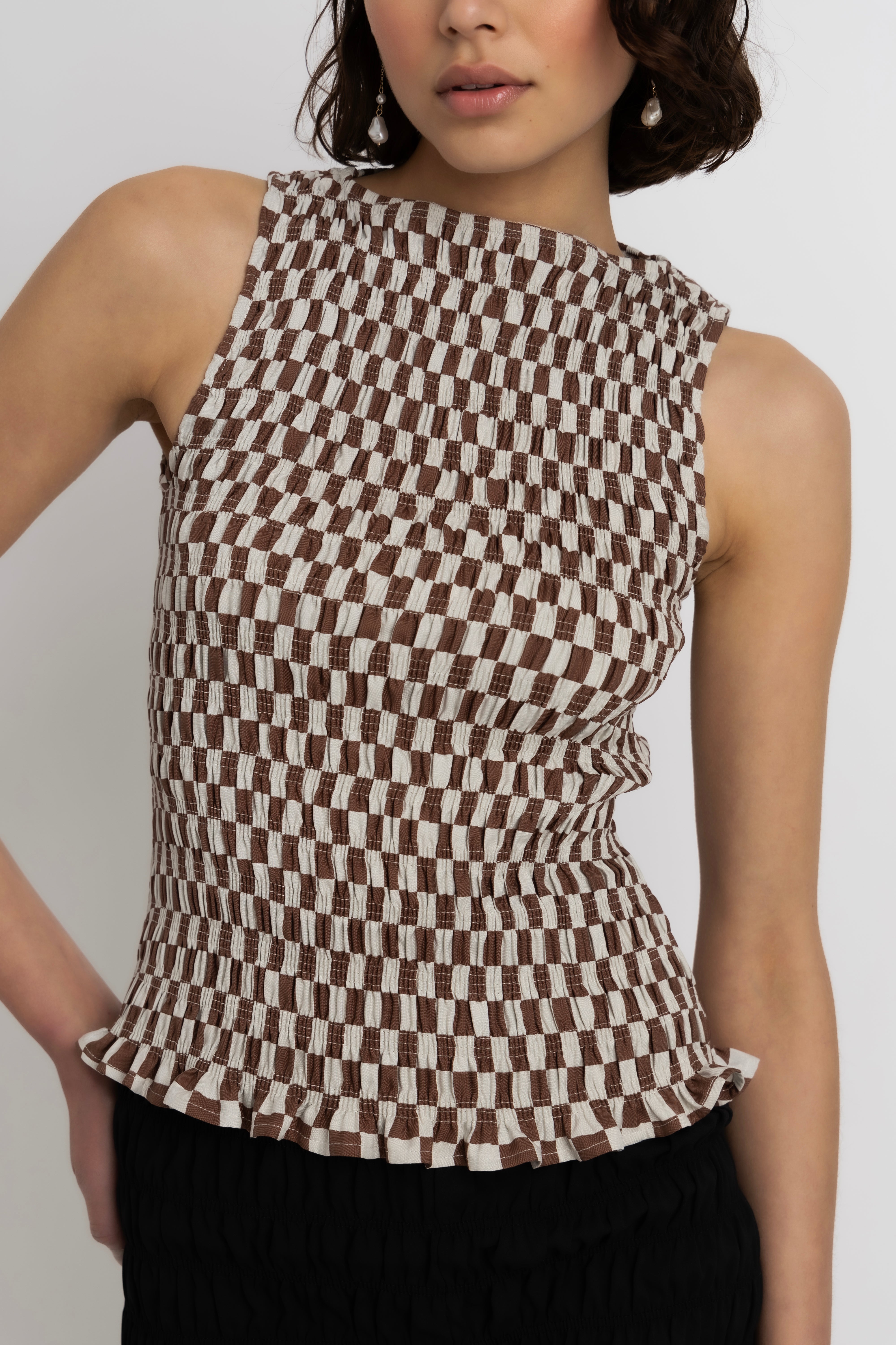 Sonya Pure Cotton Brown Checkerboard Top