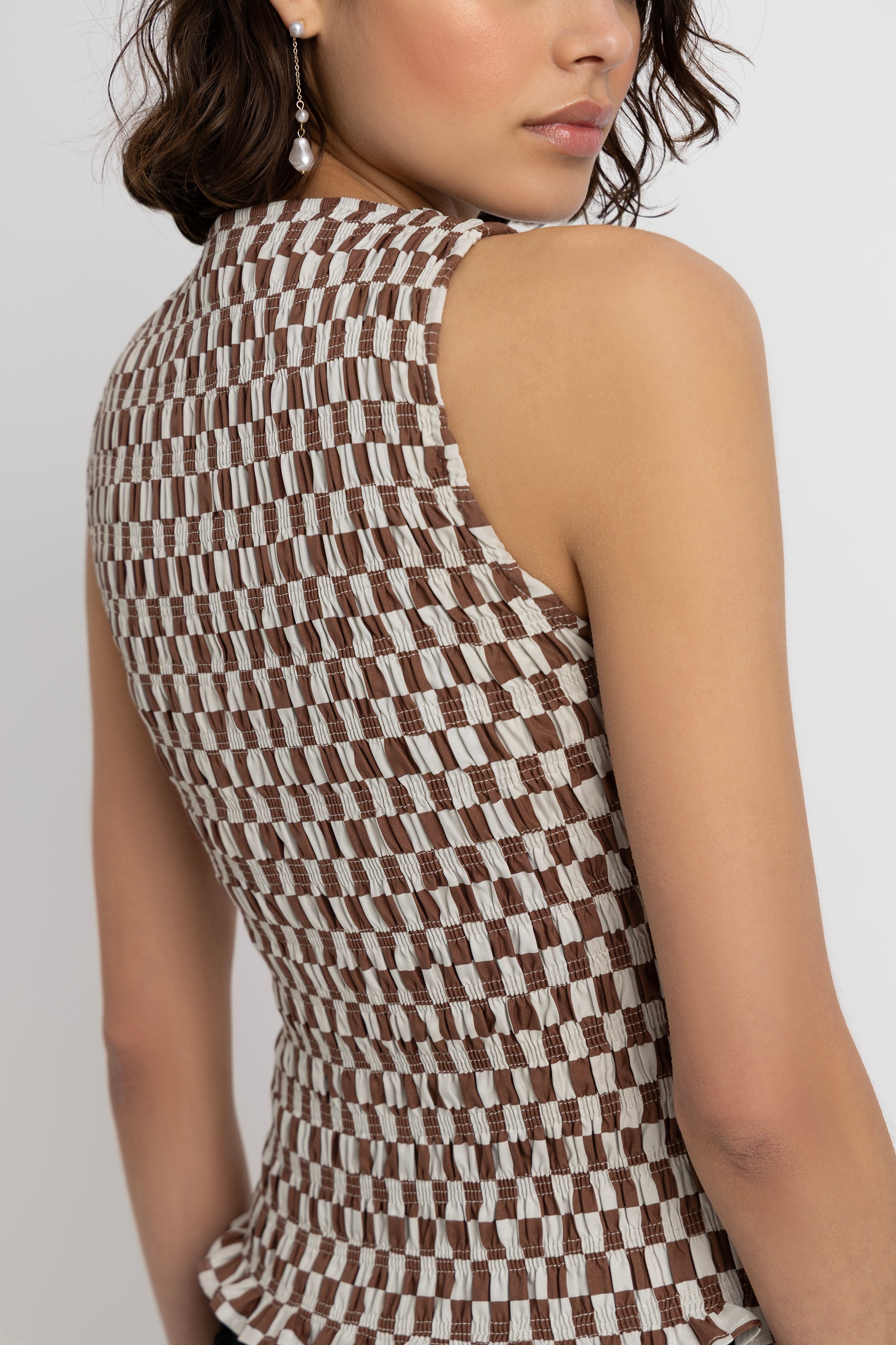 Sonya Pure Cotton Brown Checkerboard Top