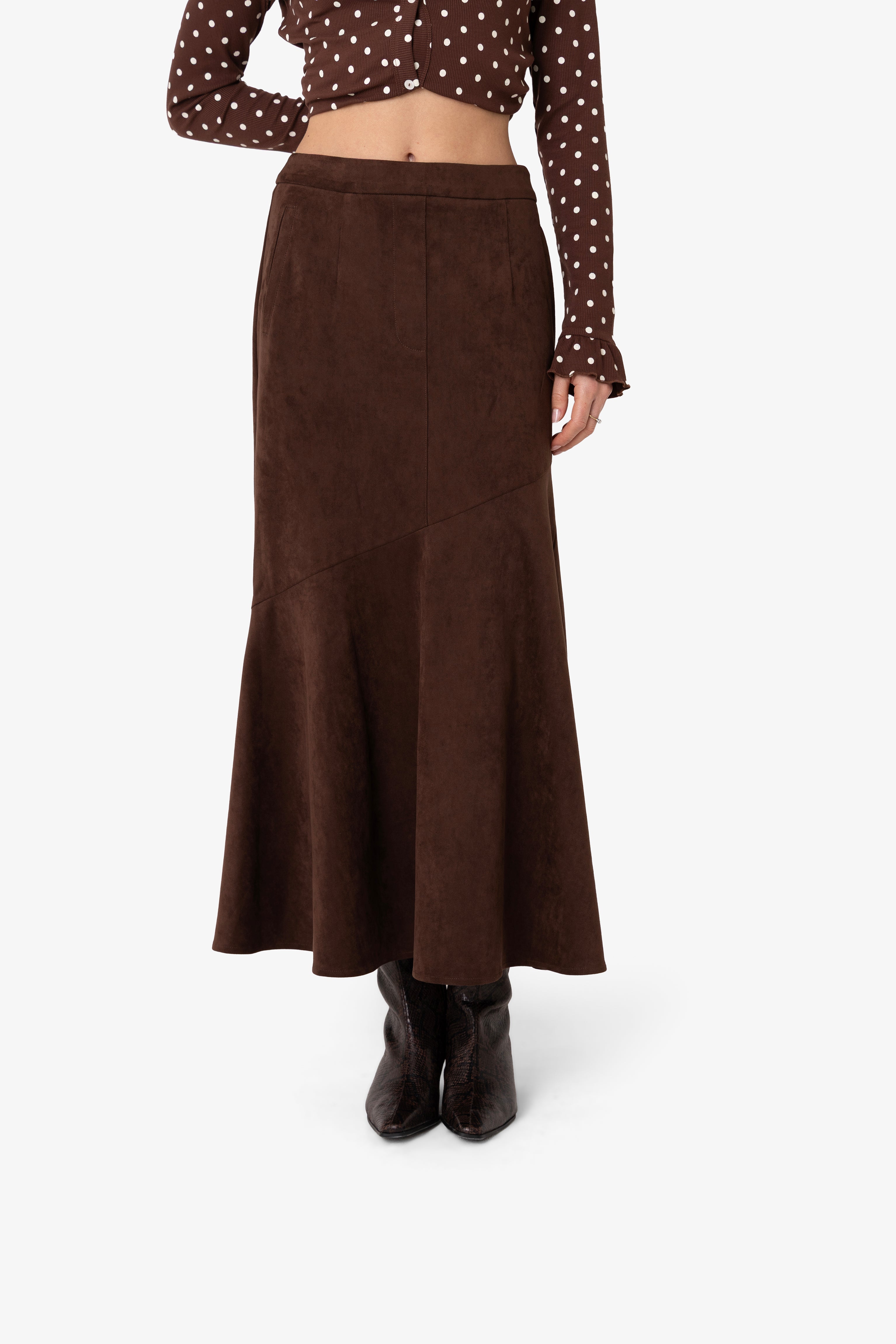 Suki Faux Suede Chiffon Asymmetric Maxi Skirt