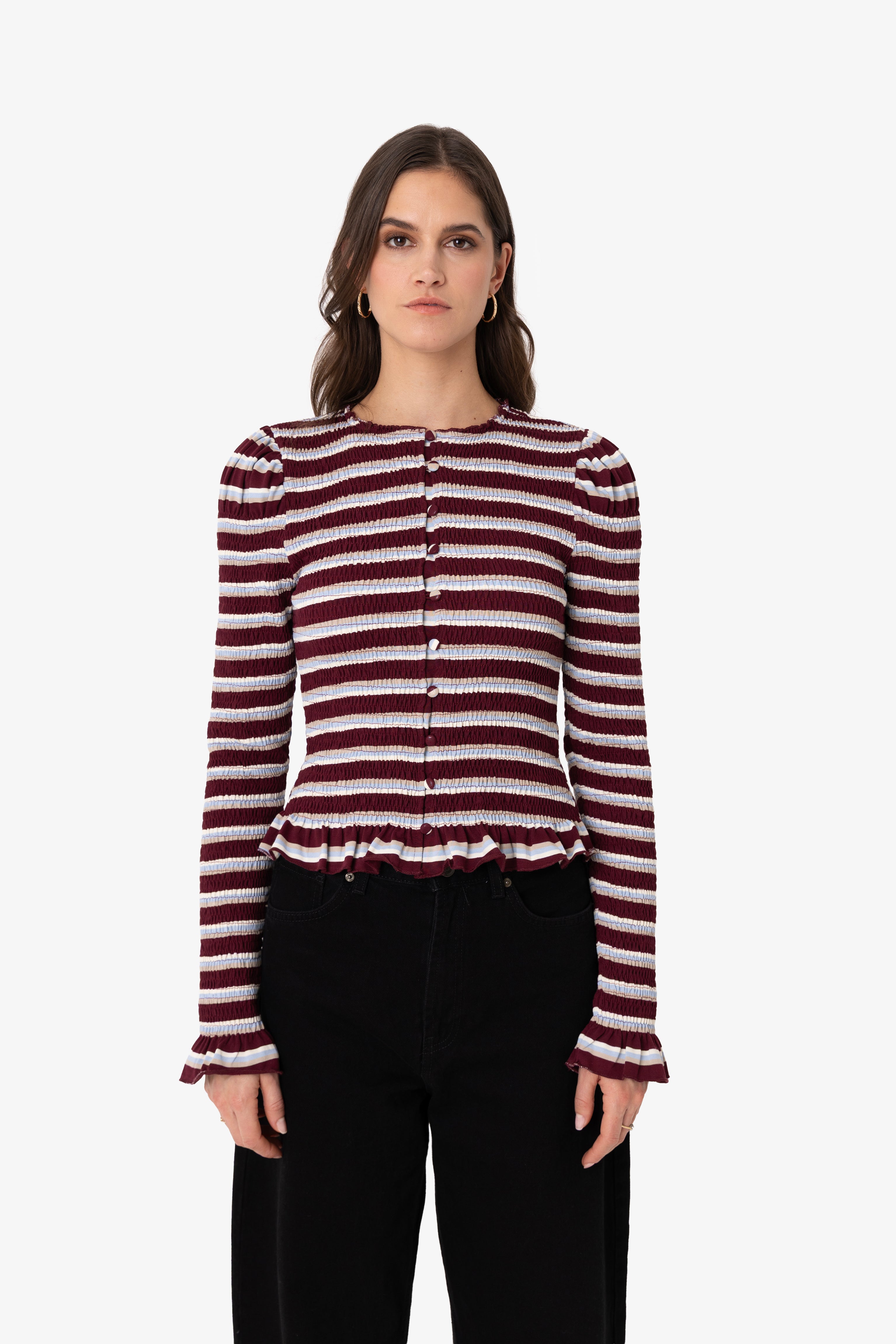 Agyness Smocked Viscose Cotton Jersey Knitted Stripe Cardigan