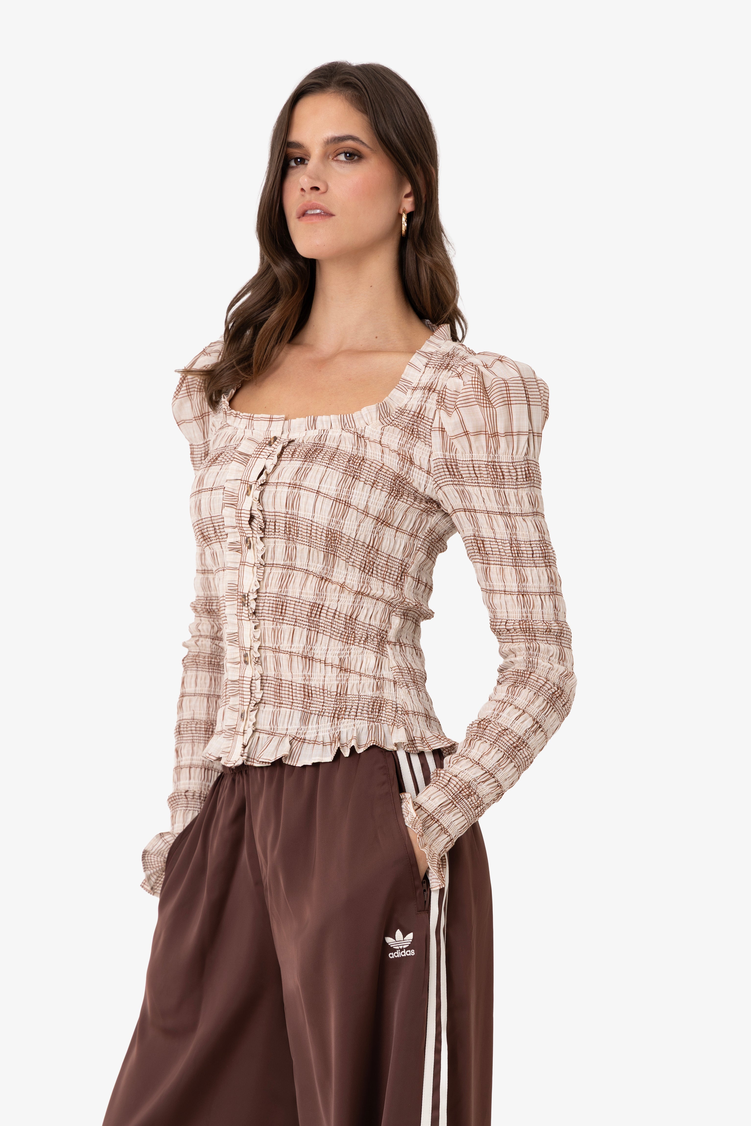 Maisie Smocked Cotton Blouse in Windowpane Check