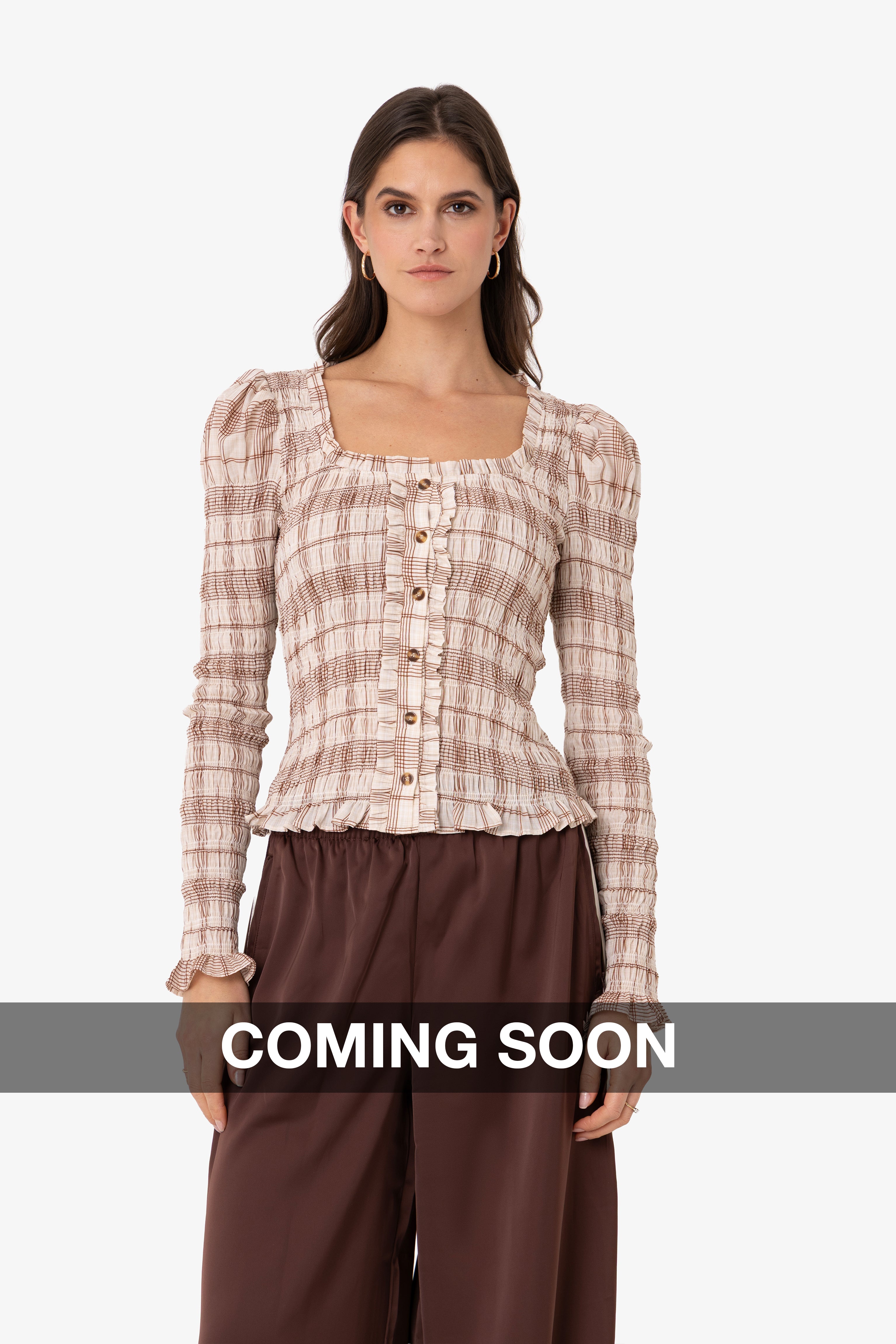Maisie Smocked Cotton Blouse in Windowpane Check