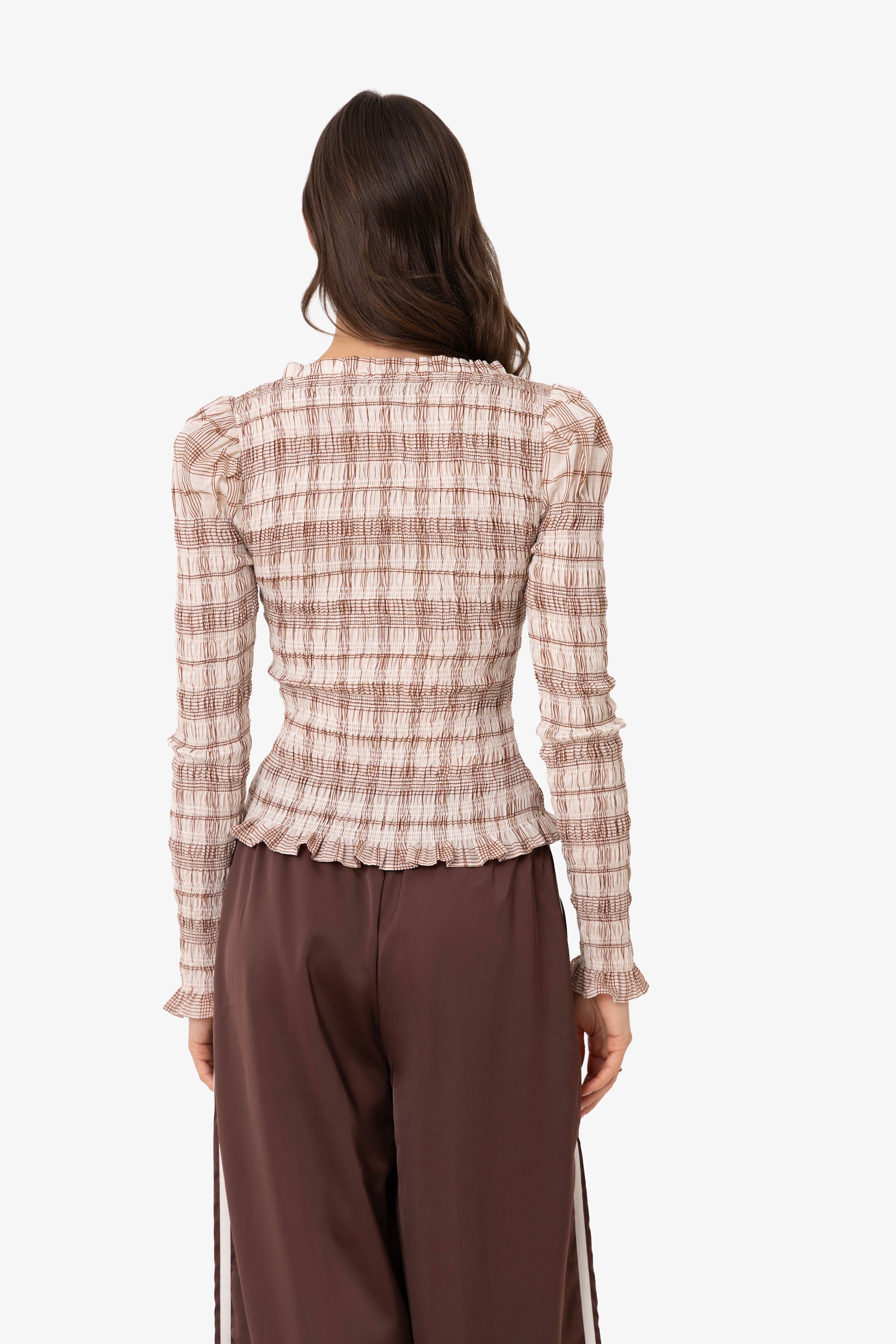 Maisie Smocked Cotton Blouse in Windowpane Check