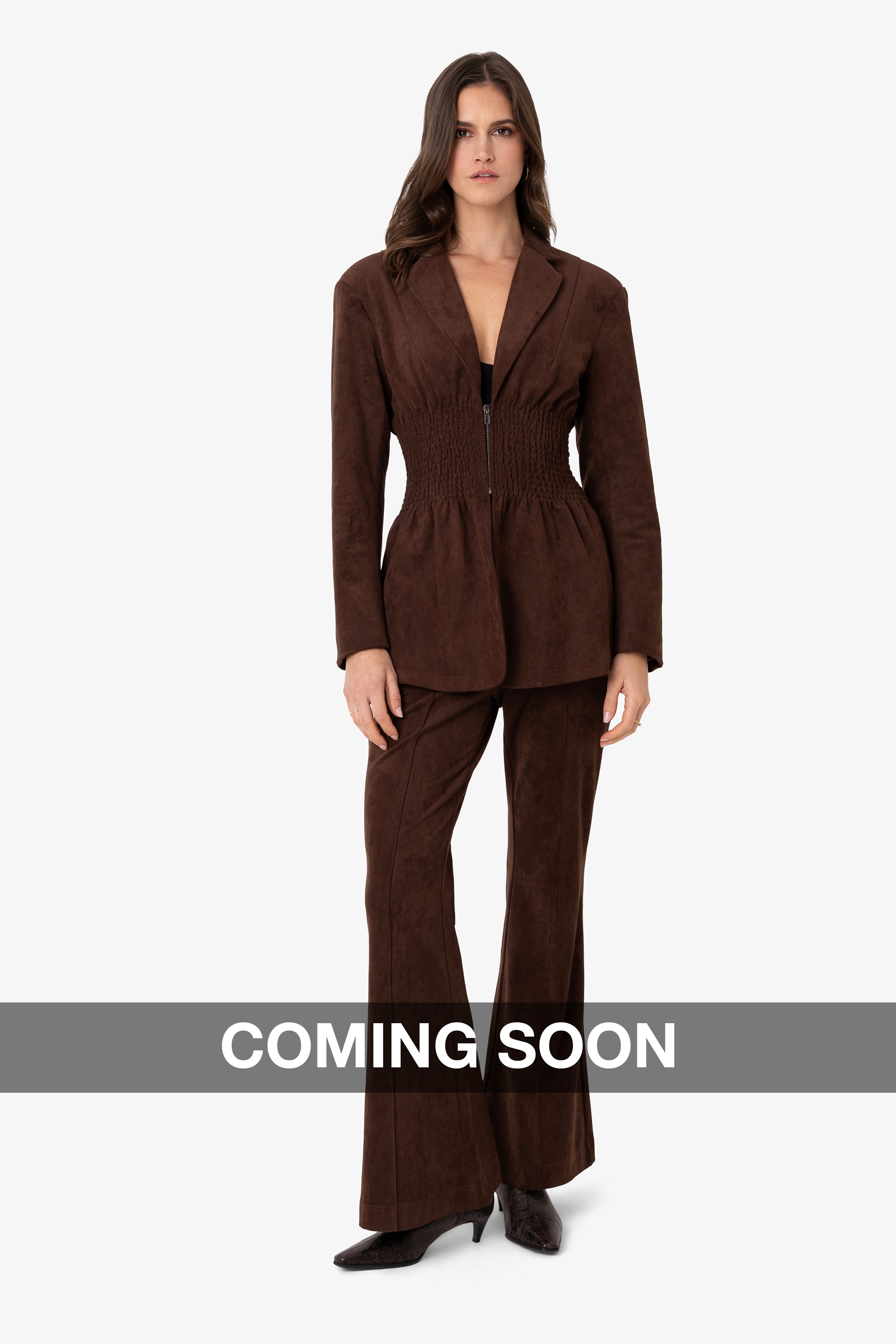 Rina Faux Suede Boxy Blazer Jacket with Smocked Waist