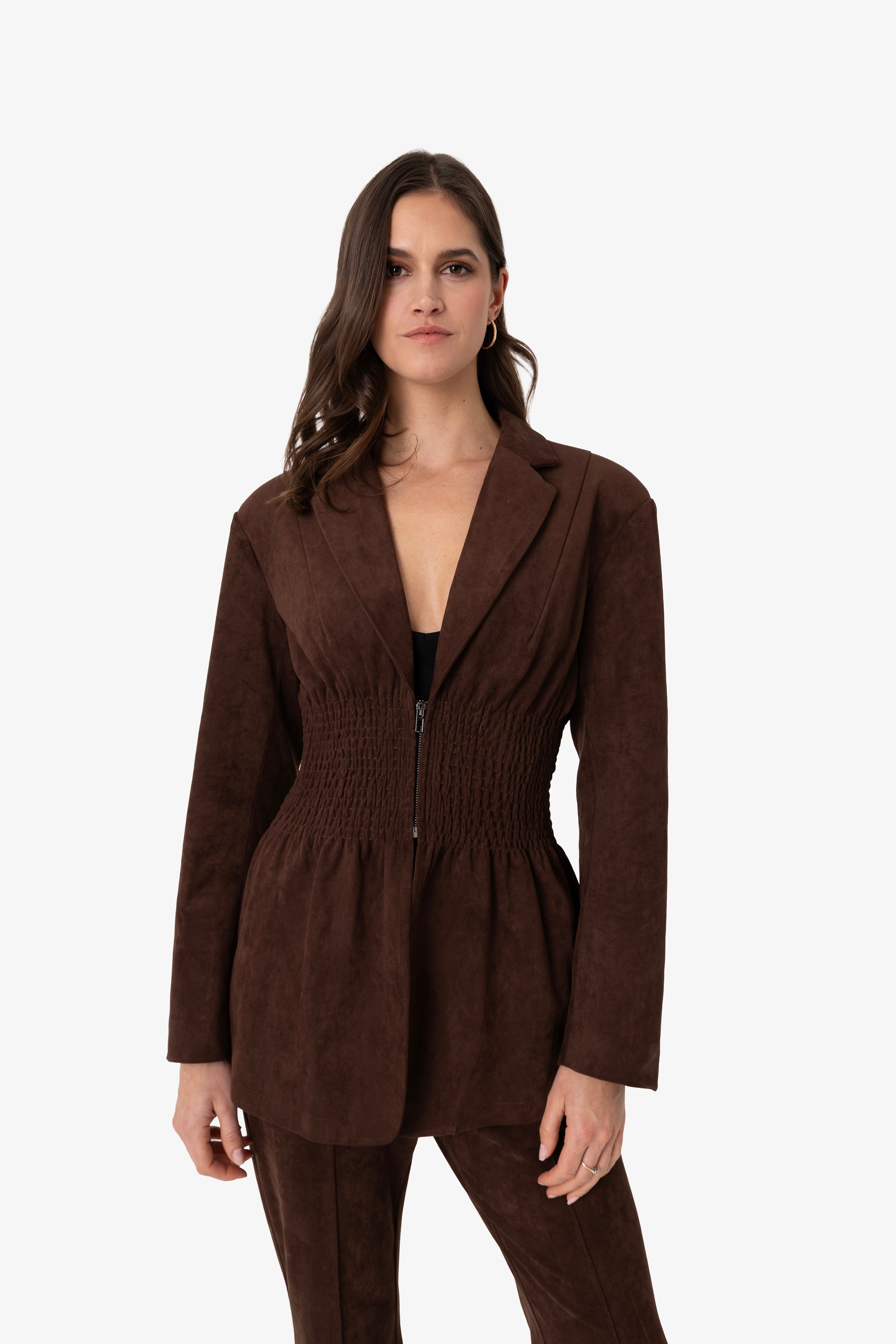 Rina Faux Suede Boxy Blazer Jacket with Smocked Waist