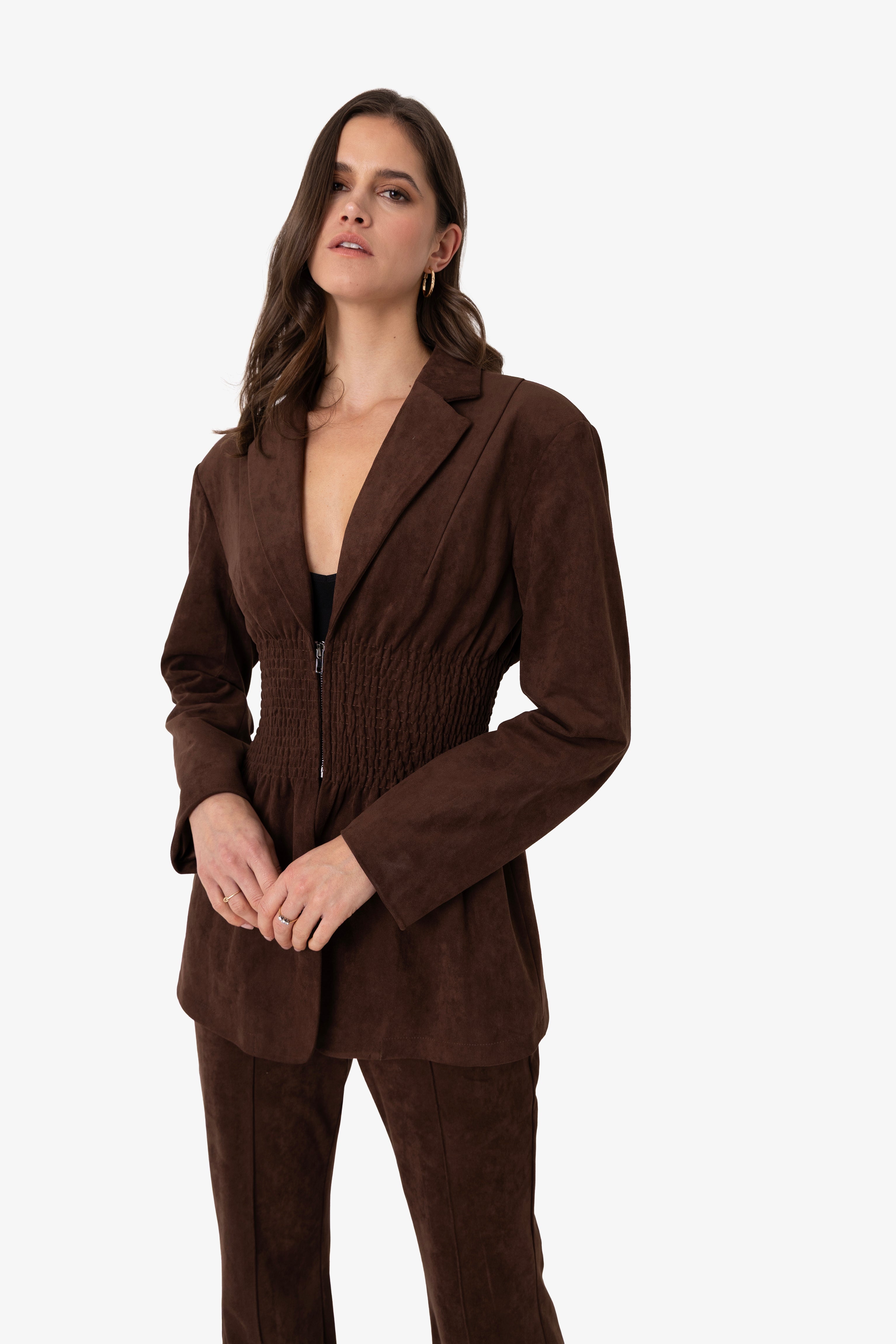 Rina Faux Suede Boxy Blazer Jacket with Smocked Waist