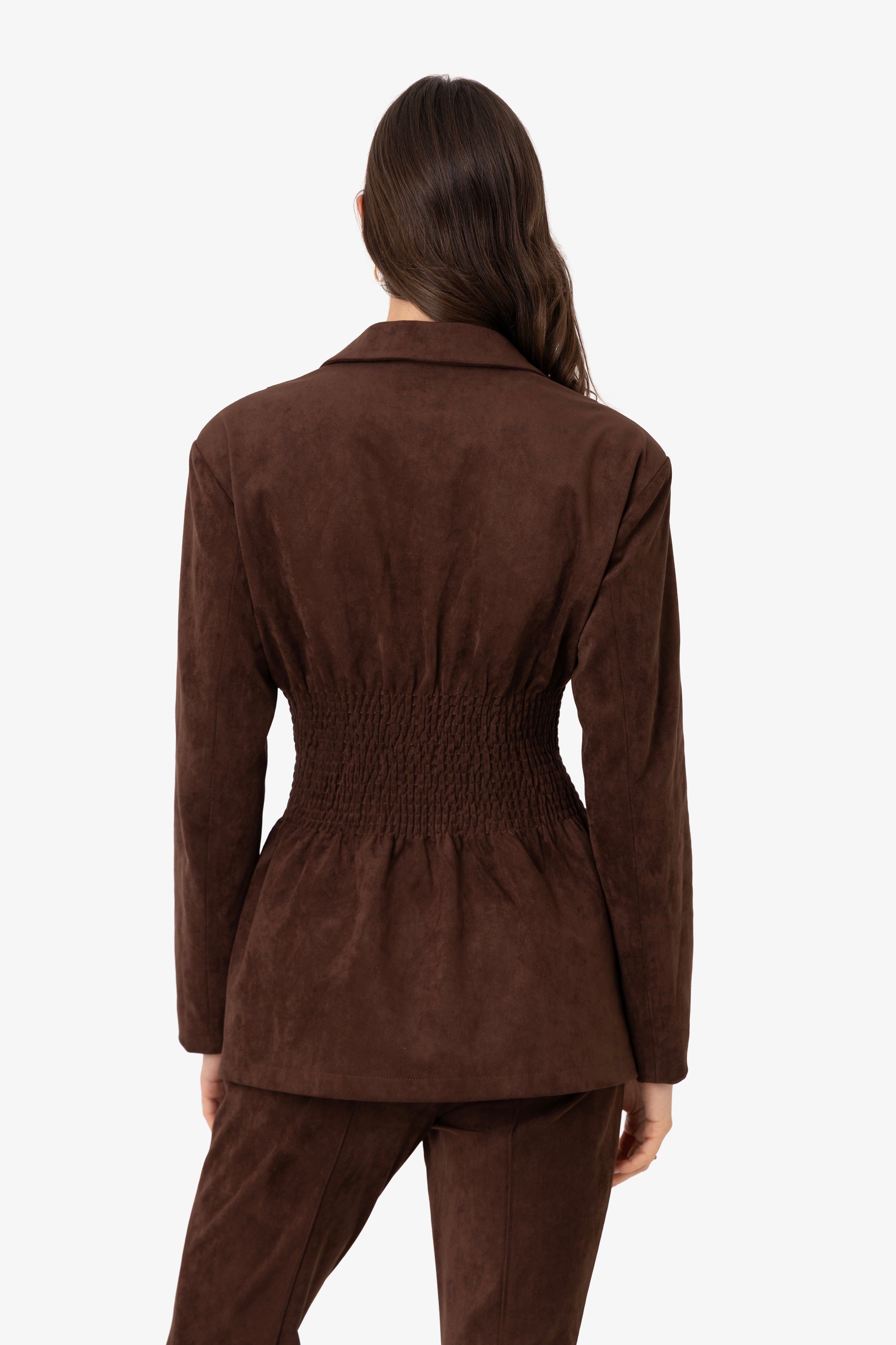 Rina Faux Suede Boxy Blazer Jacket with Smocked Waist