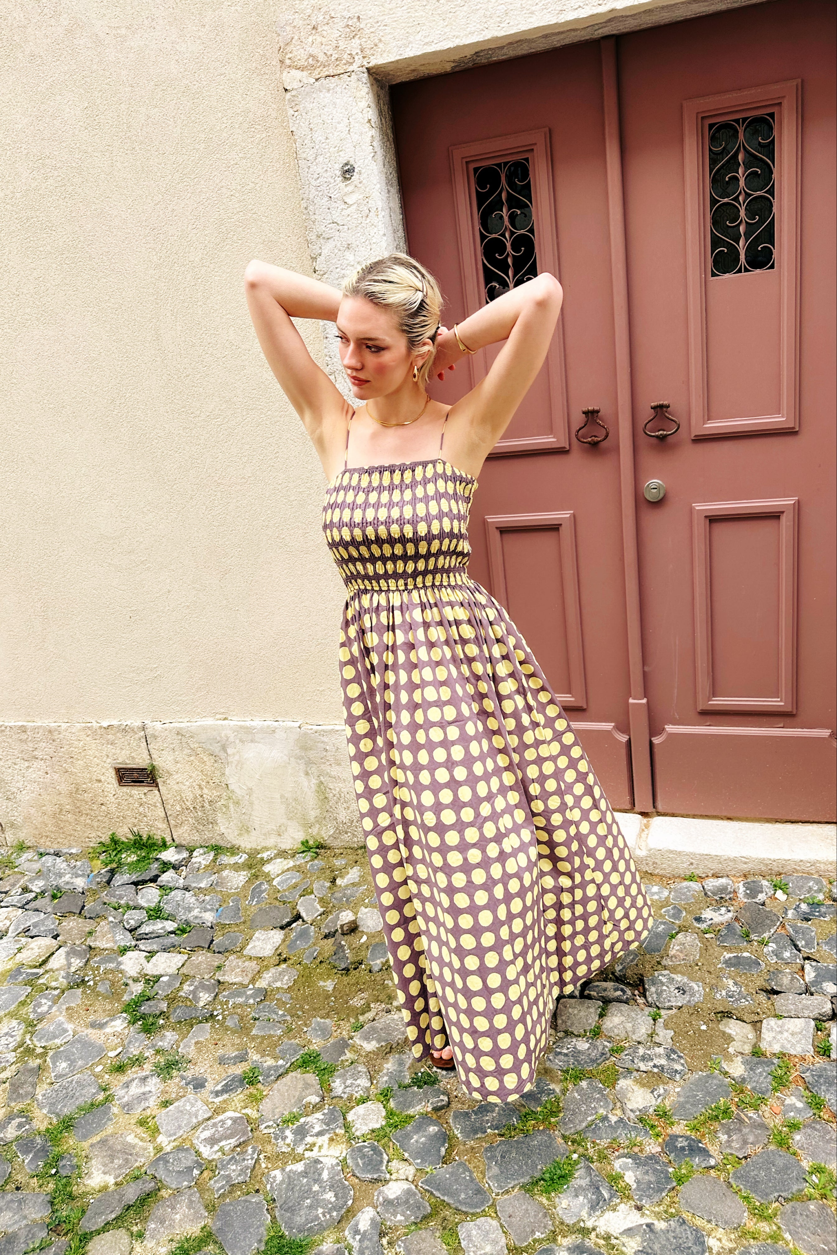Darcy Yellow and Aubergine Contrast Polka dot Smocked Midi Dress