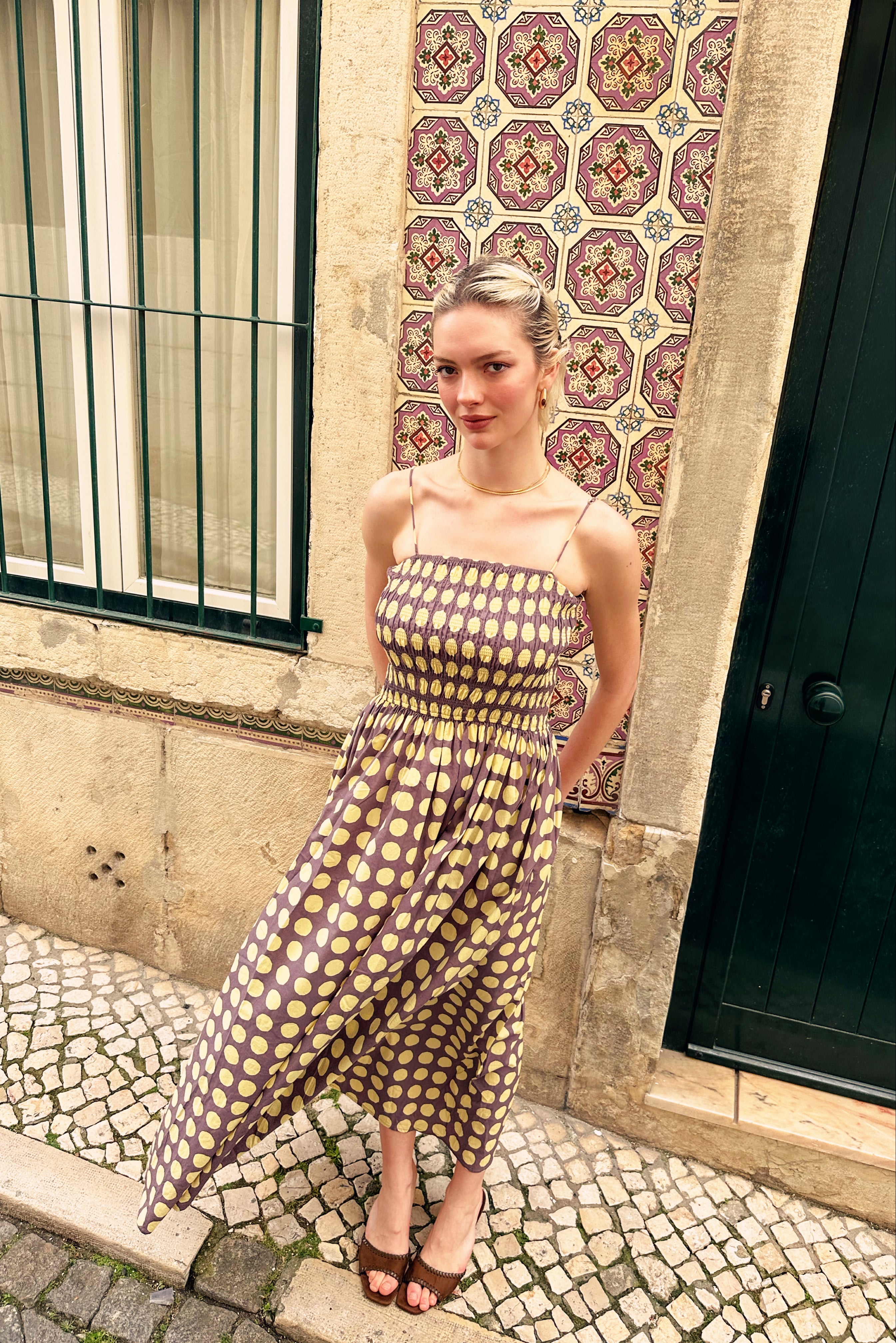 Darcy Yellow and Aubergine Contrast Polka dot Smocked Midi Dress