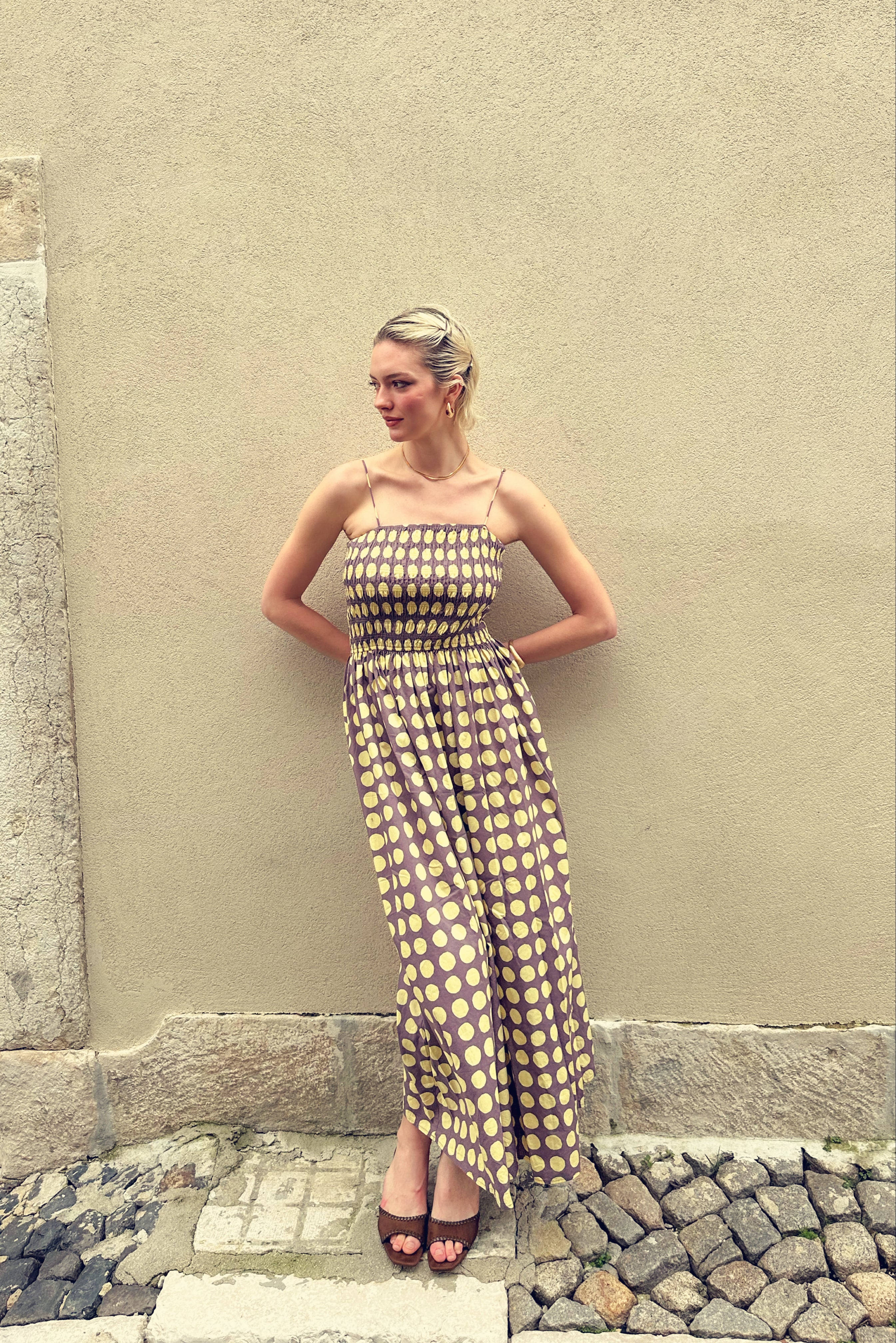 Darcy Yellow and Aubergine Contrast Polka dot Smocked Midi Dress