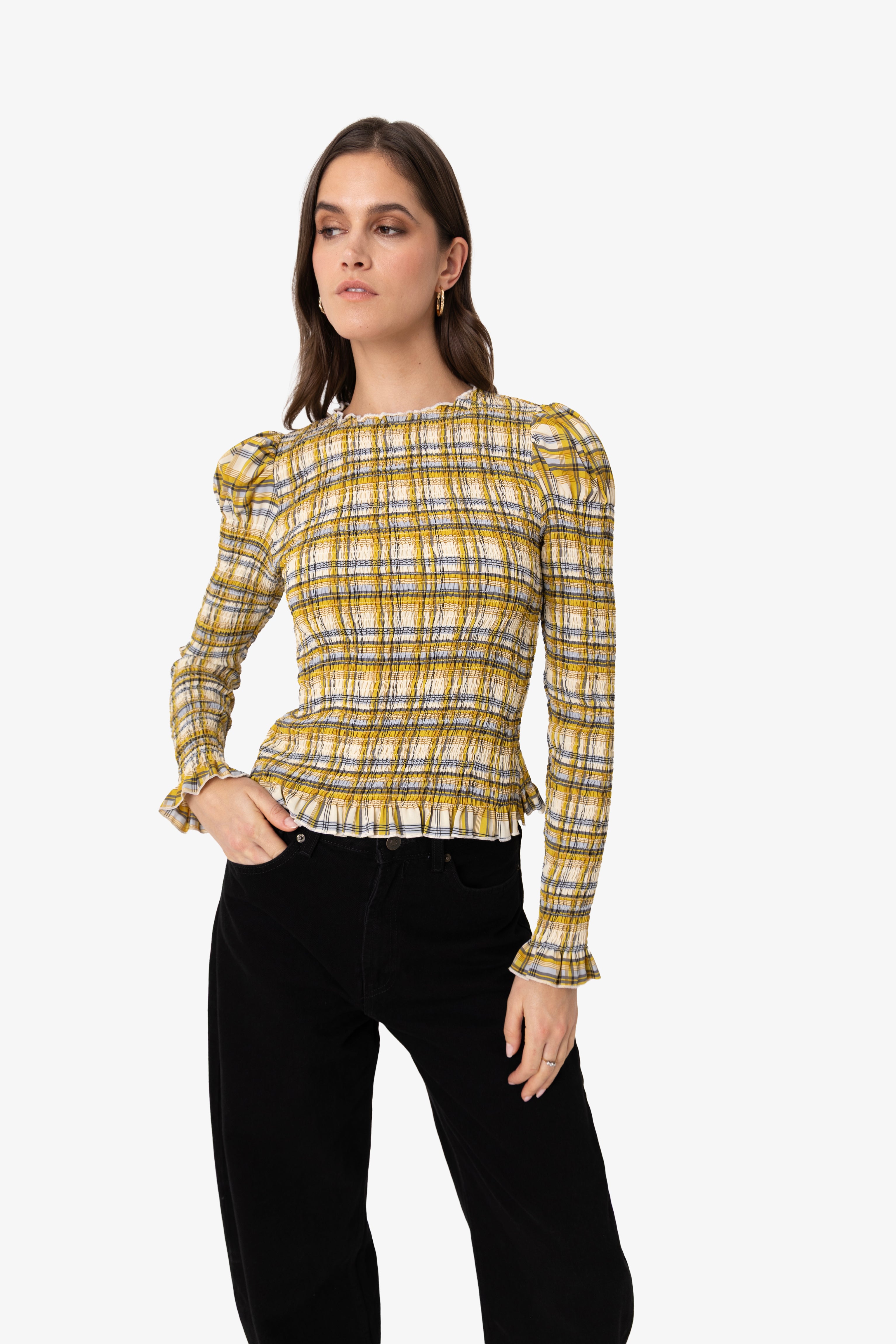 Elsa Yellow Plaid Long Sleeve Smocked Top